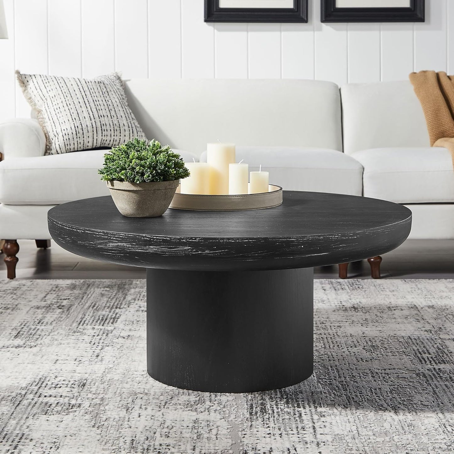 WILLIAMSPACE 35.98" Round Coffee Table with Cylindrical Base, Modern Wood Drum Center Table, Accent Side End Table for Living Room Apartment, φ35.98"*15.98"H (Black)