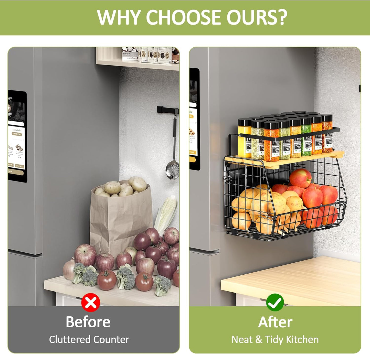 Magnetic Shelf for Fridge: Fruit Potato and Onion Storage Bin - Magnetic Spice Rack for Refrigerator & Kitchen Counter - Pantry Organizers and Storage