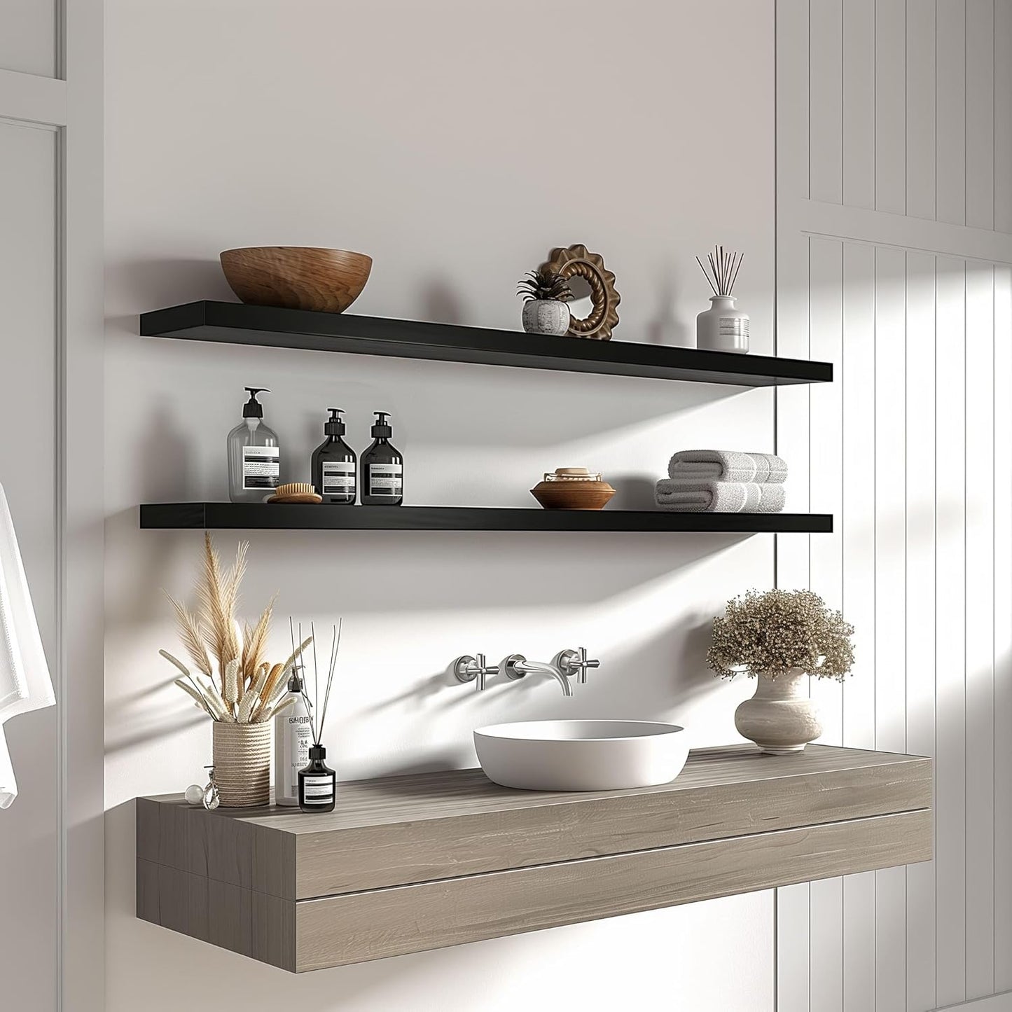 Wood Floating Shelves for Wall Decor, Rustic Wall Shelves for Bedroom Bathroom Kitchen Living Room, Set of 4 Black 48 Inch