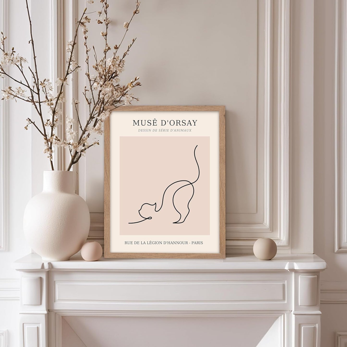 Poster Master Vintage Poster - Retro One Line Cat Drawing Print - Cat Art - Minimal Gift for Men, Women, Animal Lover - Abstract Wall Decor for Home, Office, Bedroom, 8x10 Beige Framed