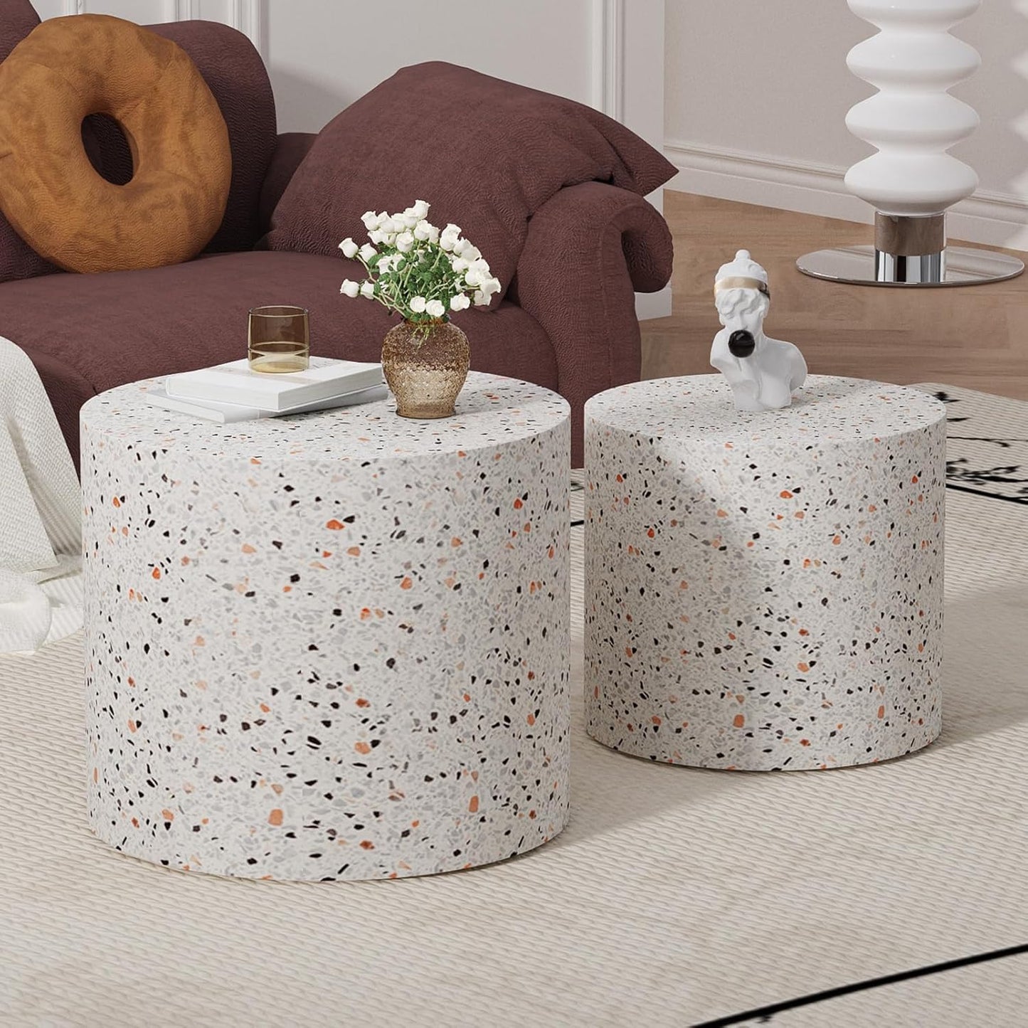 Round Nesting Coffee Table Set of 2 Modern Wood Coffee Tables Handcraft Drum Coffees Table Farmhouse Round Sofa Side Tables End Table for Living Room Small Spaces (Terrazzo)