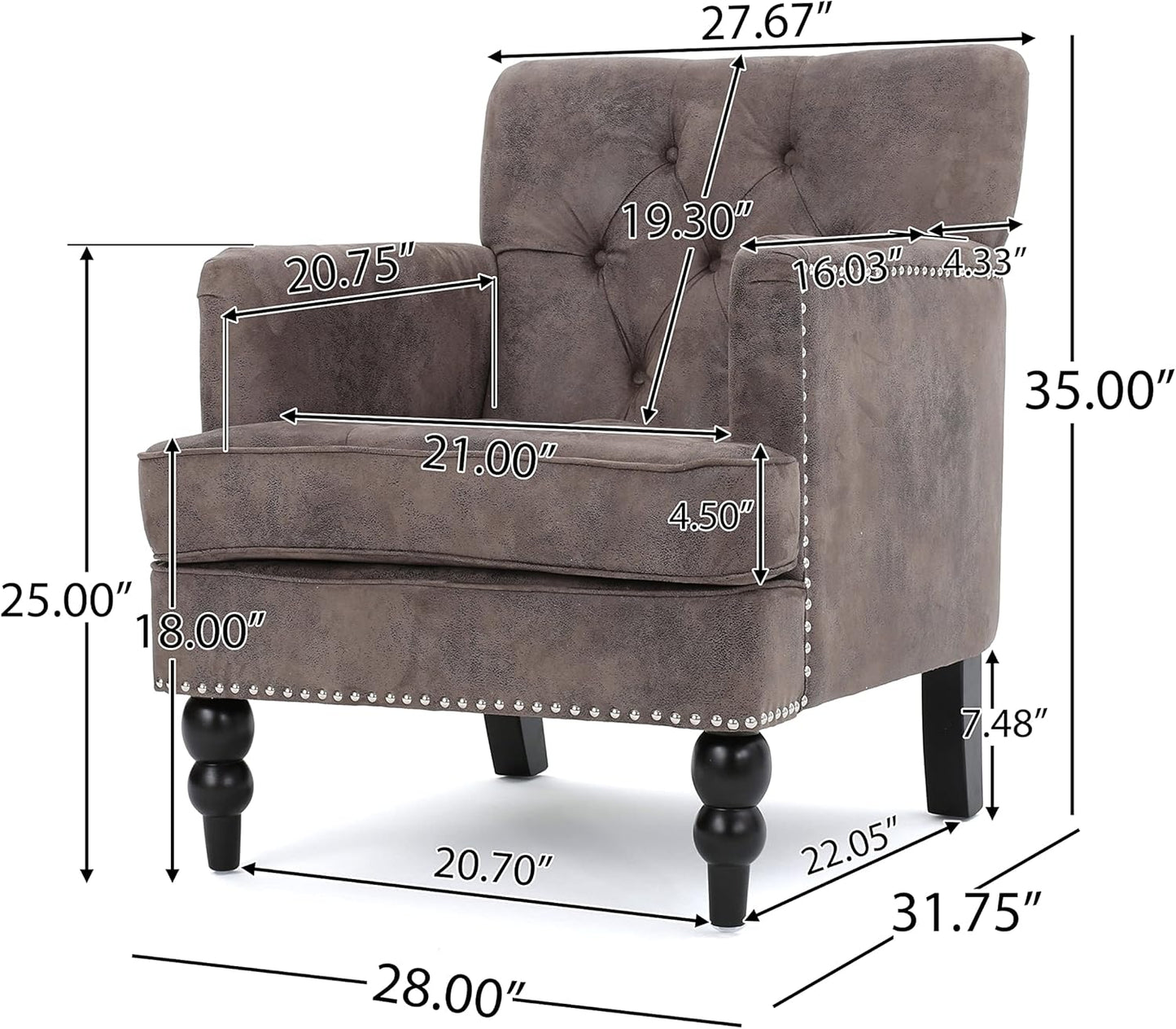 Christopher Knight Home GDFStudio Medford Brown Tufted Club Chair, Fabric Accent Chair with Studded Nailhead Accents