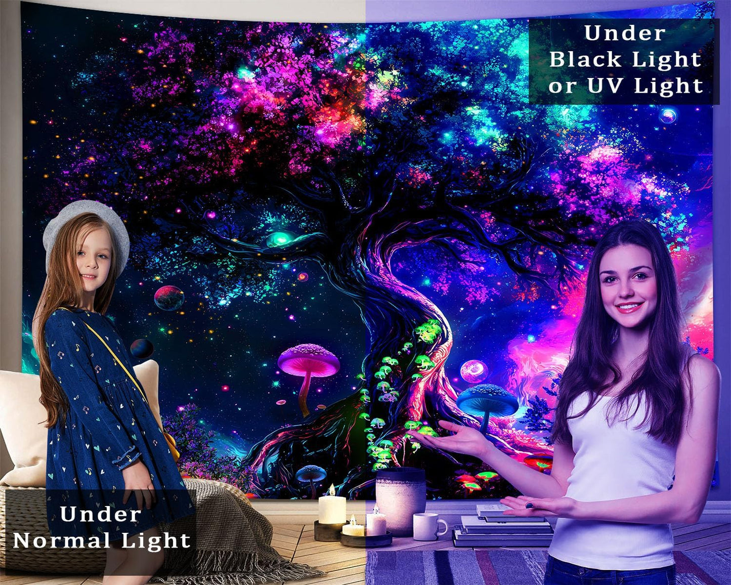dueeia Blacklight Tree Life Tapestry Wall Hanging Fantasy Black Light Glow in the Dark Uv Mushroom Tapestries for Bedroom Aesthetic Living Room Wall Decor (78.7"x59.1")