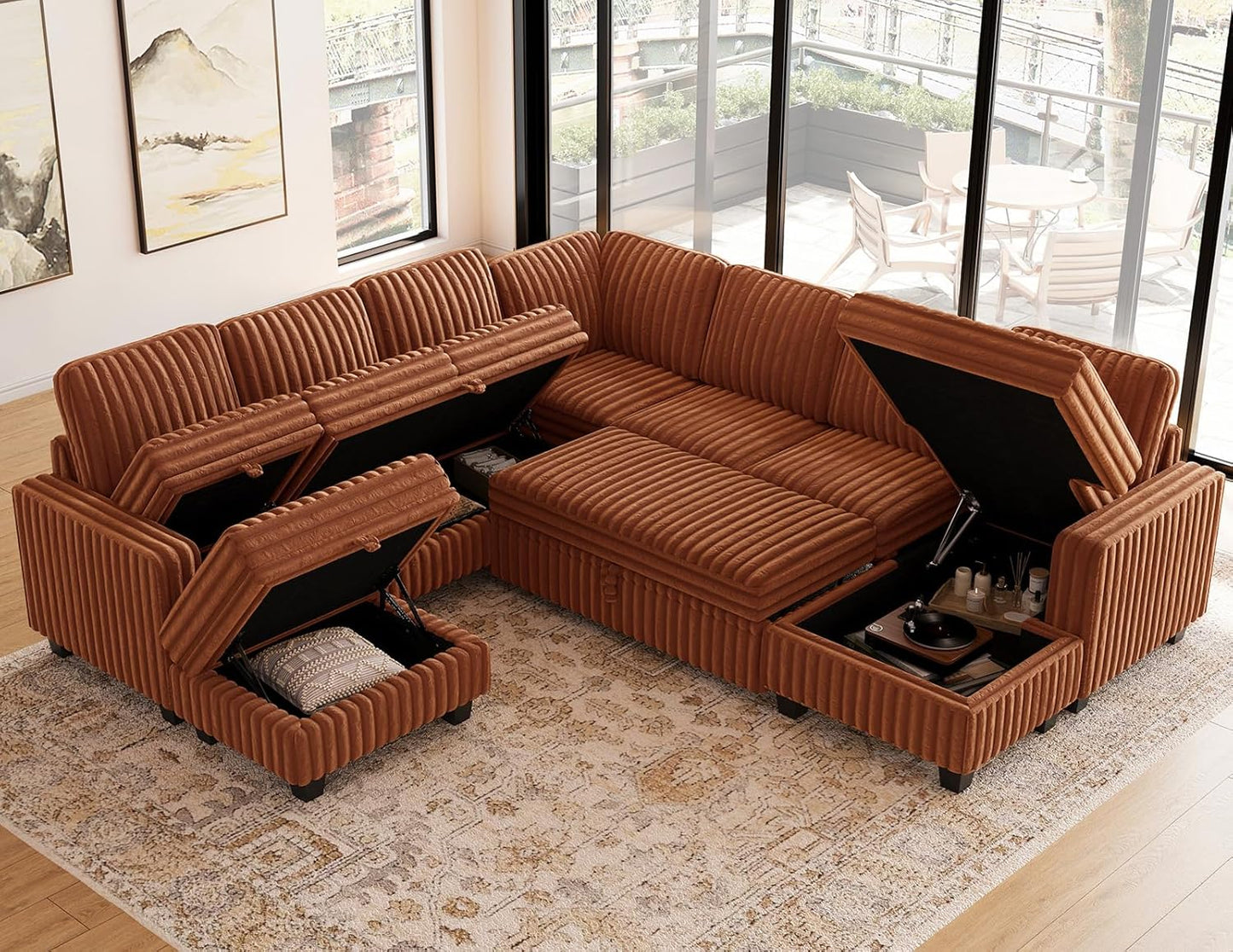 Belffin Oversized Sofa Bed Modular Sectional Sleeper Sofa with Pull Out Bed L Shaped Couch with Storage Chaise Brick Red Couch
