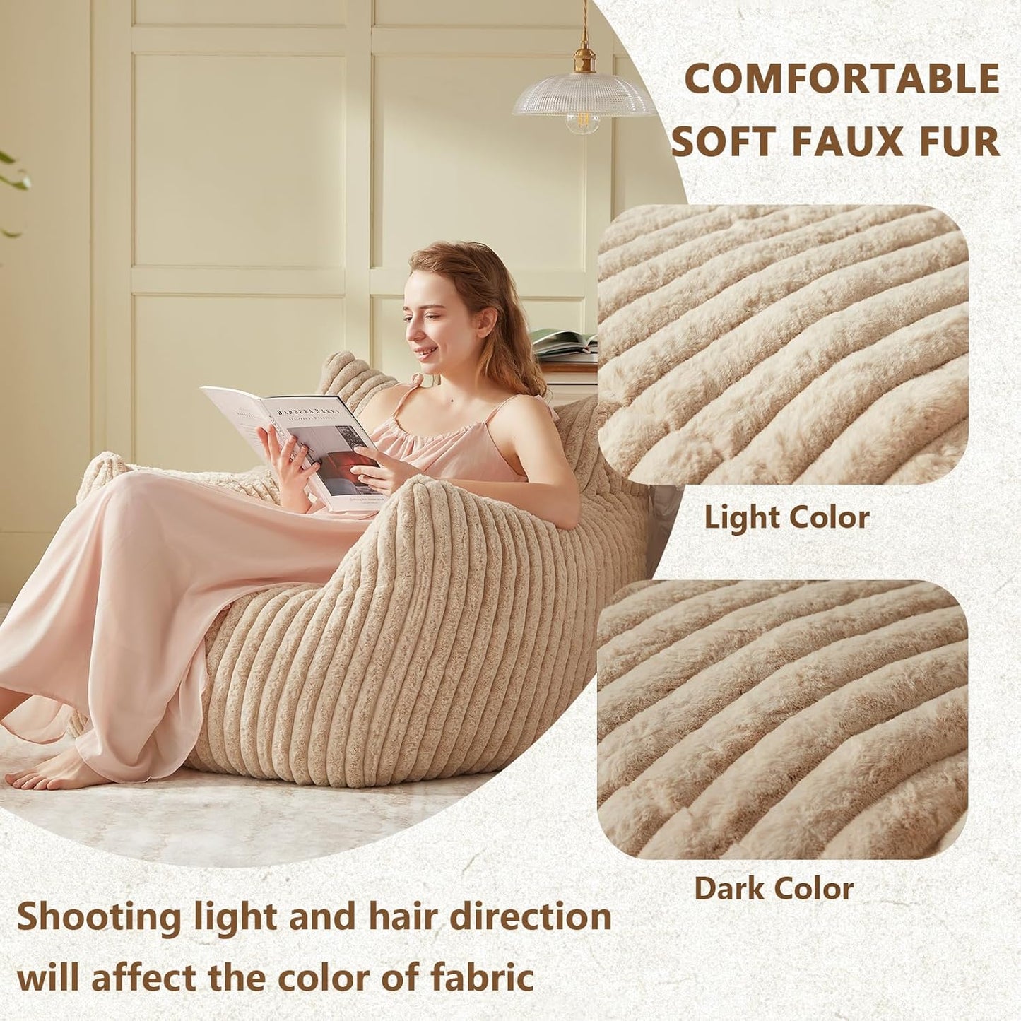 Giant Bean Bag Chairs for Adults Teens, Large Bean Bag Sofa Chairs with Filling Comfy Fuzzy BeanBag Chair with Armrests for Bedroom Living Room Reading