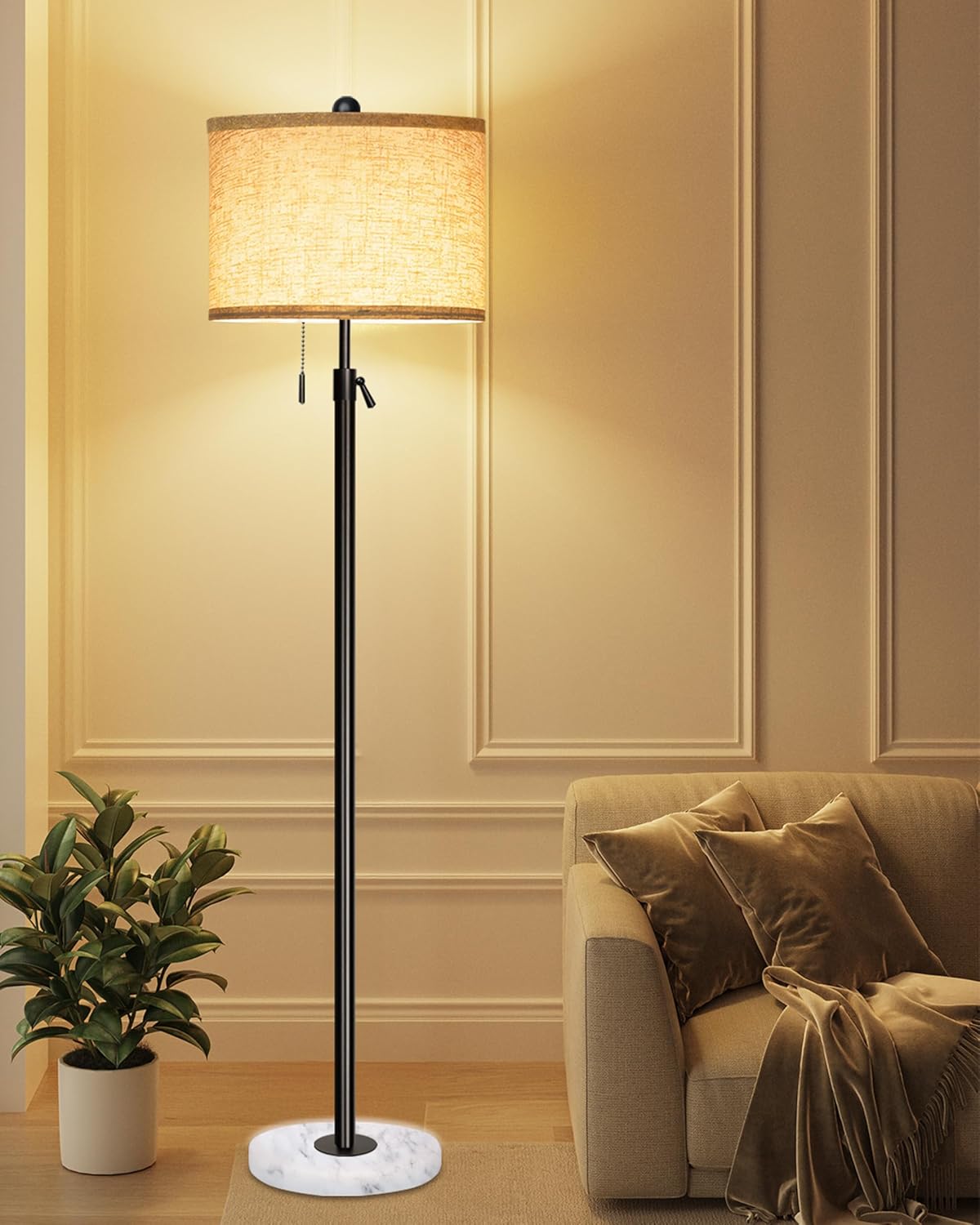 Floor Lamp for Living Room - Adjustable Height Standing Lamp with Marble Base & Linen Shade - Tall Pole Floor Light with 3 Color Temperatures Bulb for Bedroom, Reading - Easy Assembly