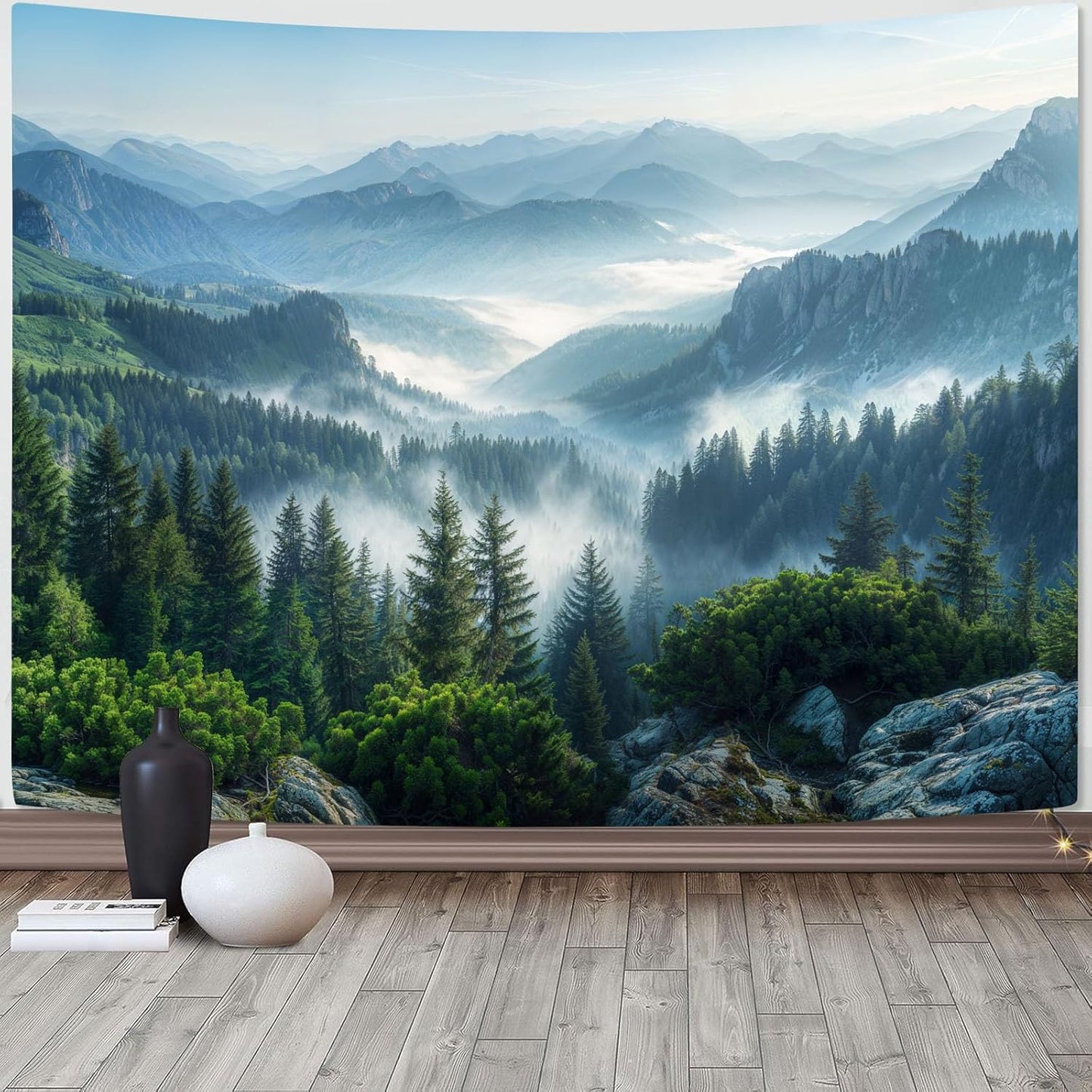 AMM Nature Forest Mountain Tapestry Green Misty Pine Tree Tapestry for Bedroom Aesthetic Foggy Woodlands Sky Landscape Tapestries Wall Hanging for Living Room Dorm 90 x 68 Inch
