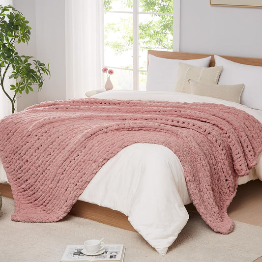 L'AGRATY Chunky Knit Blanket Throw - Soft Chunky Throw Blanket 50x60: 100% Hand Kintted Chenile Crochet Throw Blanket for Couch - Large Cable Knit Chunky Blanket for Home Decor(Rose Pink)