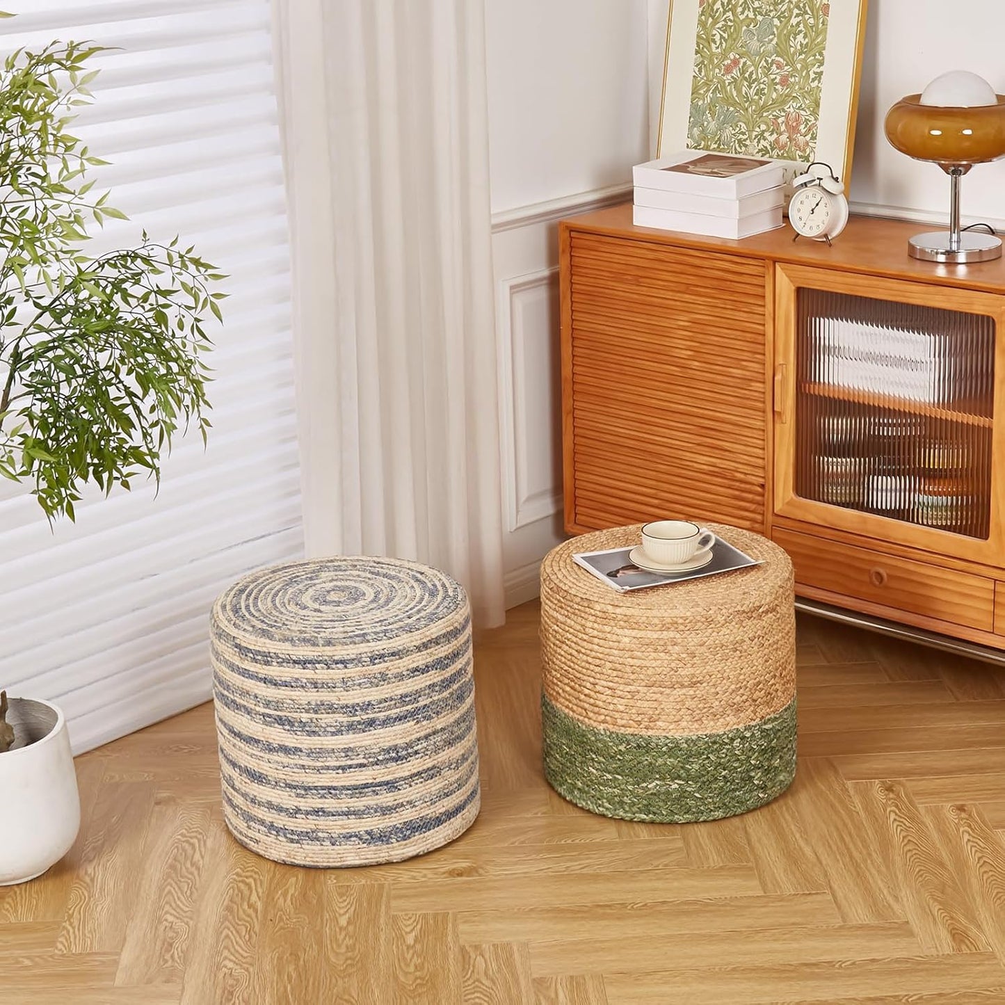 Wimarsbon 18'' Ottoman Pouf, Natural Braided Poof, Rustic Handweave Lounge Pouffe, Boho Footrest Stool for Bedroom, Accent Table for Living Room (Natural Water Hyacinth + Green Corn Husk)