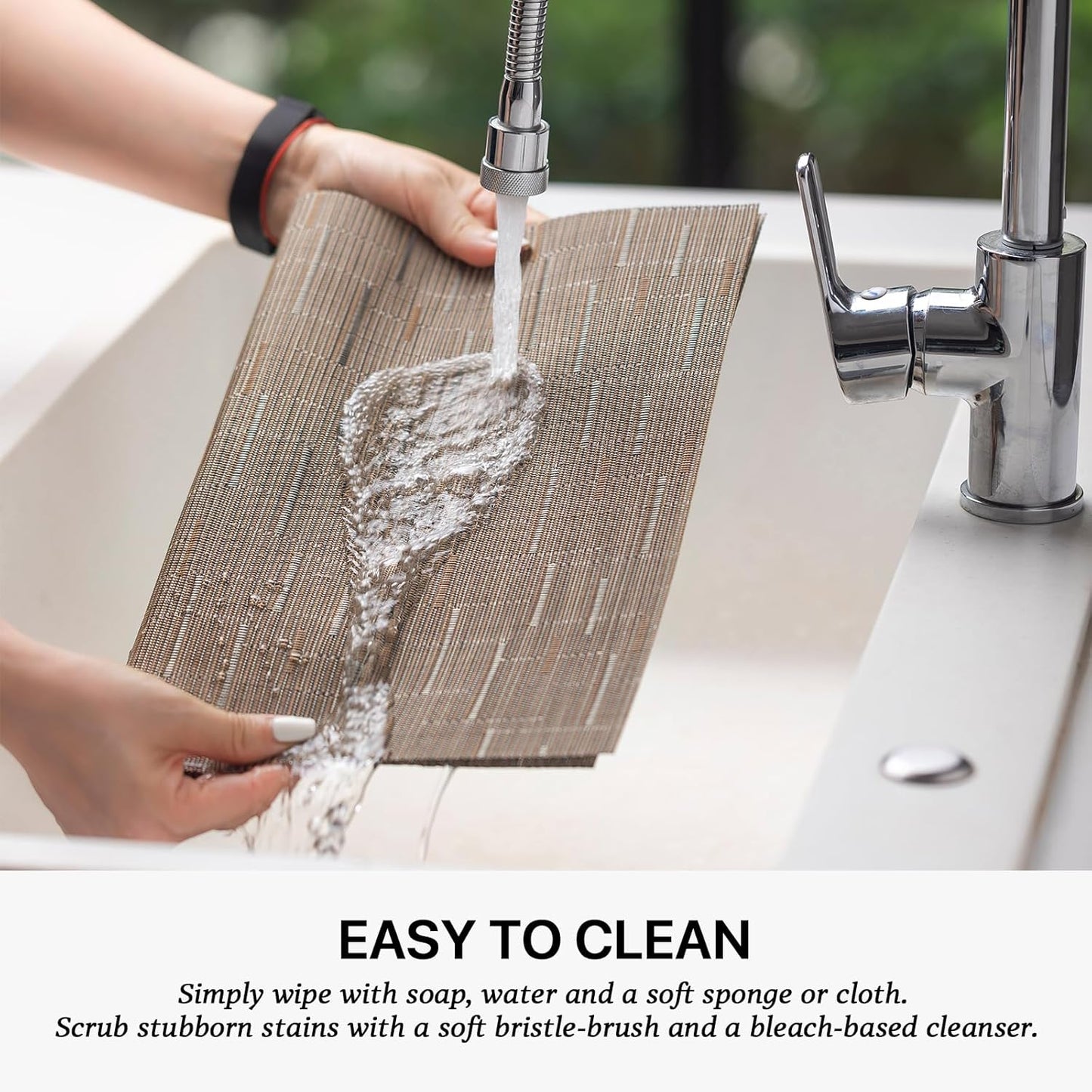 LEXMORE Placemats Set of 8 Vinyl/Plastic Woven Place Mats for Kitchen Table Indoor/Outdoor Washable Placemat Wipeable Dining Table Mats(Light Brown)