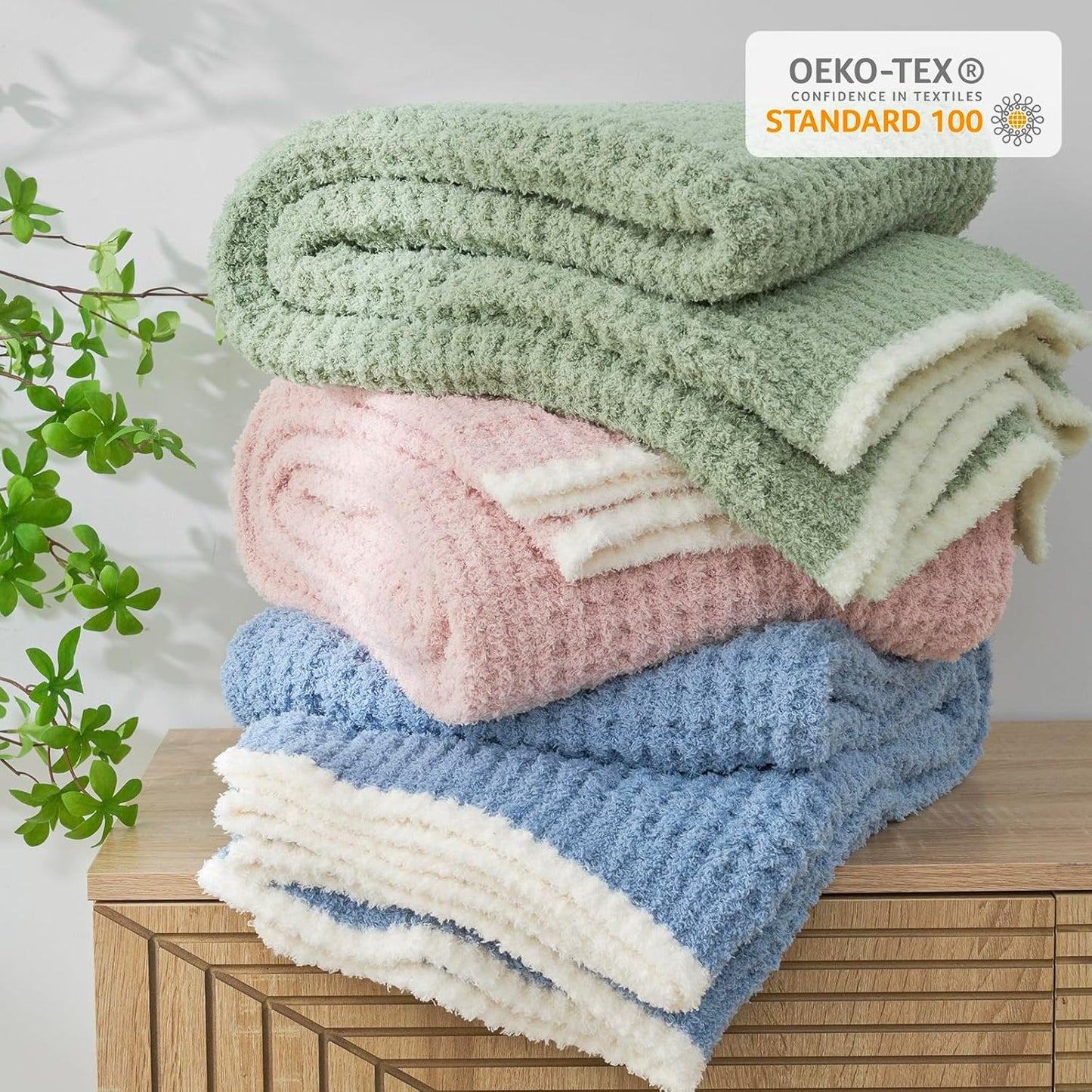 Snuggle Sac Sage Green Waffle Bedding Blankets Queen Size 90x90 inches, Reversible Microfiber Fluffy Fuzzy Soft Throw Cozy Knit Blanket for Women Mothers Birthday Gifts