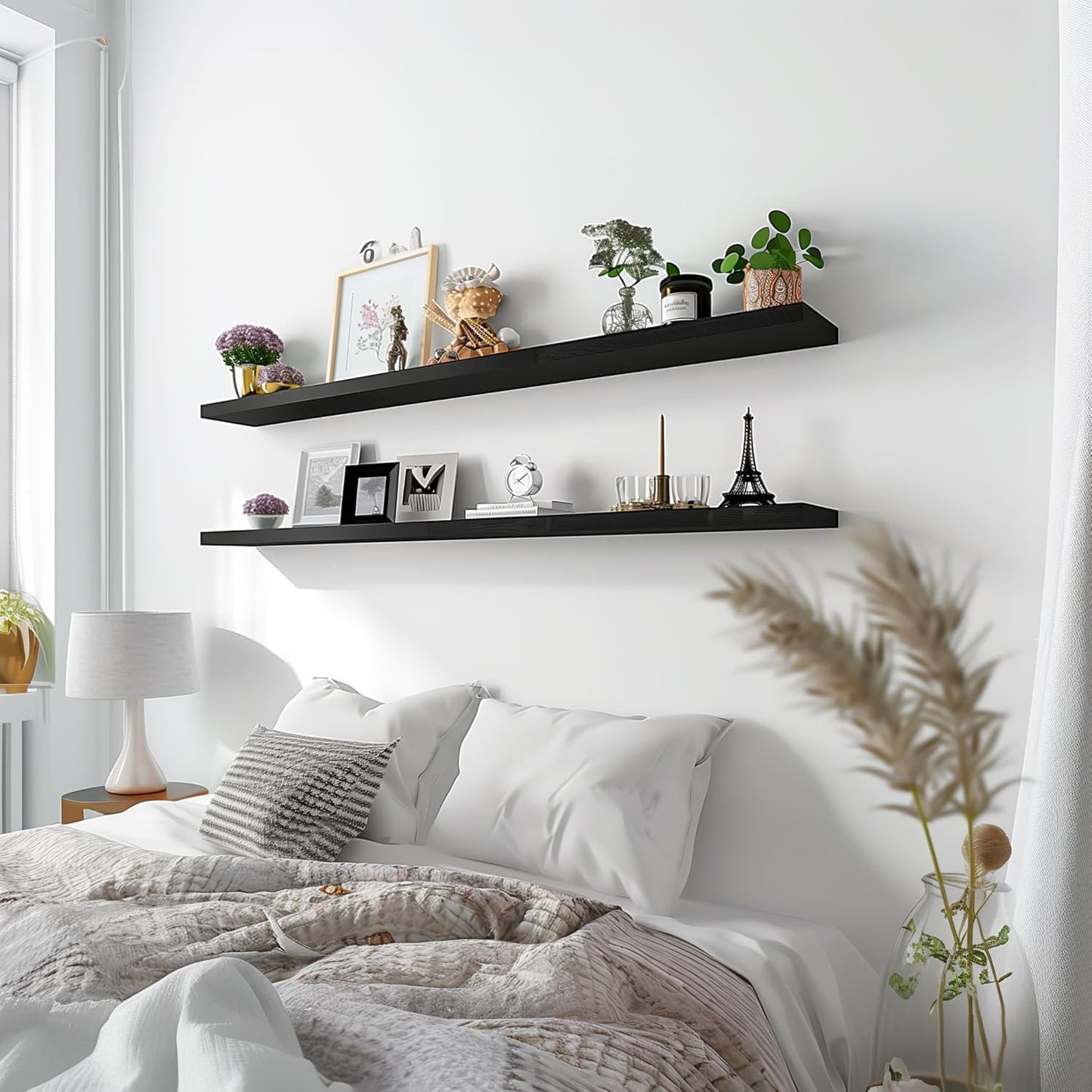 Wood Floating Shelves for Wall Decor, Rustic Wall Shelves for Bedroom Bathroom Kitchen Living Room, Set of 4 Black 48 Inch