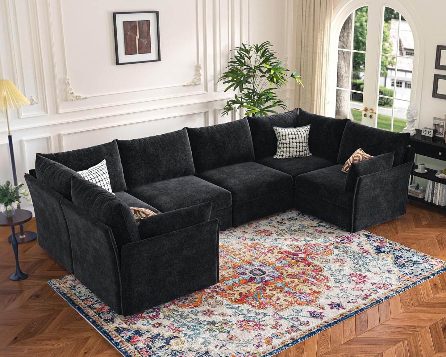 136.4" Oversized Modular Sectional Sofa, U Shaped Convertible Couch with Movable Ottoman, Large 7 Seat Corner Couches for Living Room Deep Seat Black Chenille