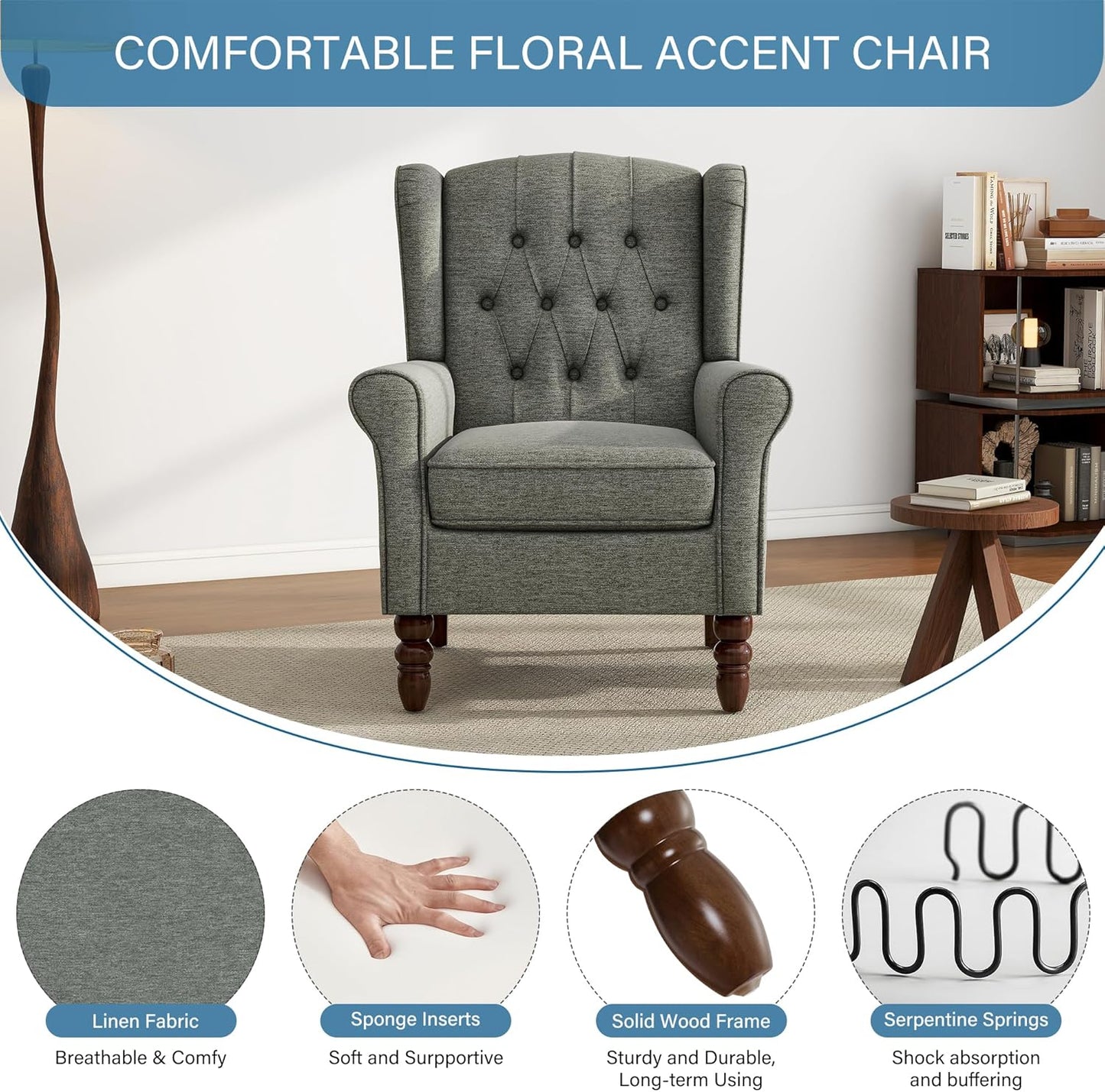 UIXE High Back Accent Chair, Fabric Upholstered Armchair for Living Room, Retro Wingback Arm Chair Comfy Single Sofa Bedroom Reading Seat with Solid Wooden Legs - Gray