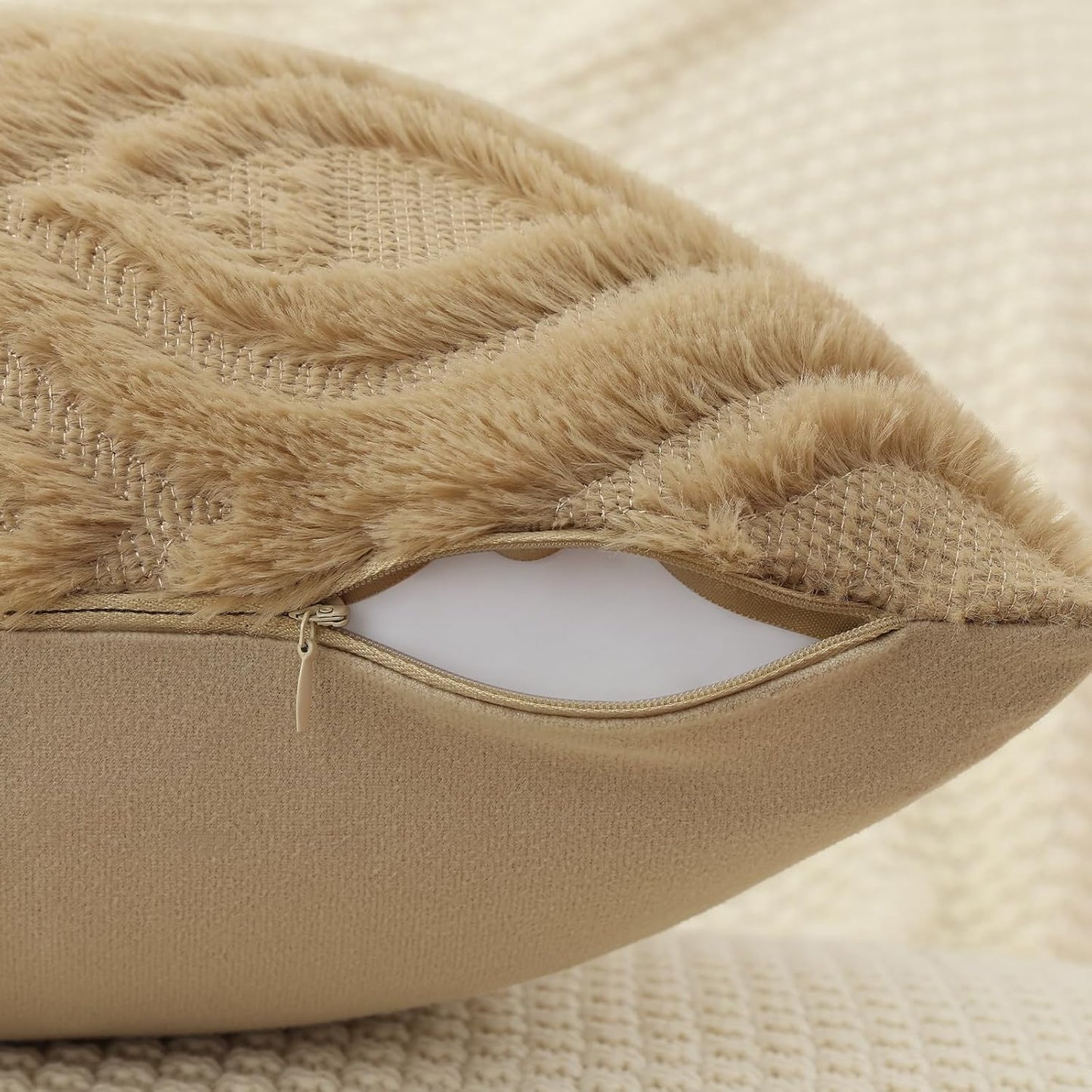 decorUhome Throw Pillow Covers 22x22 Inch Set of 2, Soft Plush Decorative Faux Fur Light Brown Solid Couch Pillow Covers, Accent Farmhouse Neutral Square Euro Pillow Cases for Sofa Bed Living Room