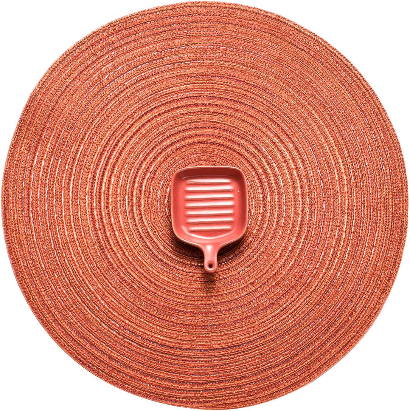 AHHFSMEI Round Braided Placemats Set of 6 Round Table Mats for Dining Tables Natural Woven Heat Resistant Place mats 15 Inch (Dark Orange)