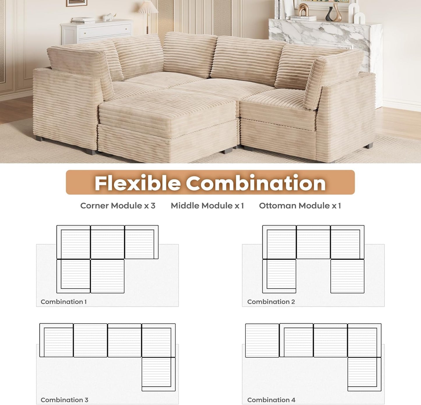 ovios Sectional Sofa Couch with L-Shape Chaise Sofa Bed, Comfy Modular Cloud Couches with Deep Seat, Modern Upholstered Plush Corduroy Sofas Set for Living Room, 5-Seater, Beige