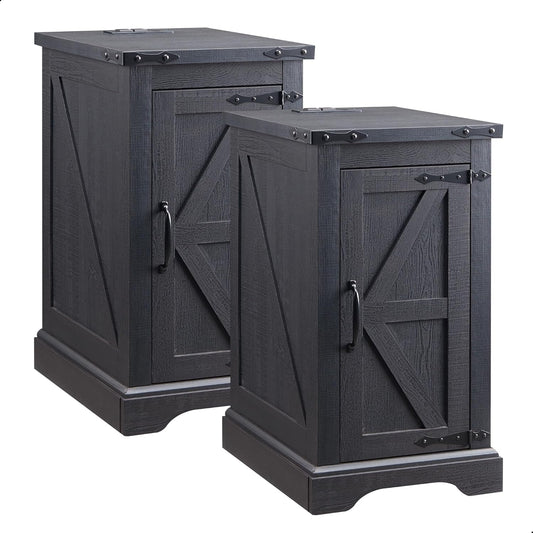 JXQTLINGMU Farmhouse Nightstand Set of 2 with Charging Station, 17" D Rectangular End Table with Barn Door & Adjustable Storage Shelf, Wood Rustic Sofa Side Table for Living Room, Bedroom, Black