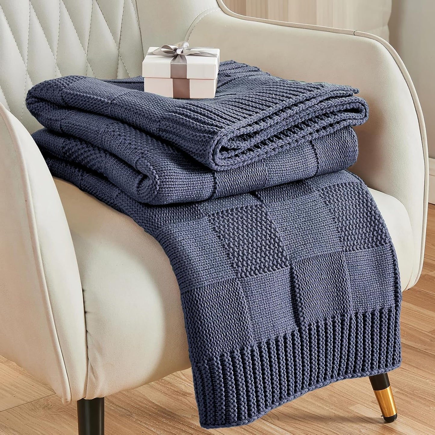 CozeCube Check Knit Throw Blanket, Steel Blue Checkered Throw for Couch, Decorative Christmas Soft Cozy Warm Knitted Blanket for Bed Sofa Living Room, 50"X60"