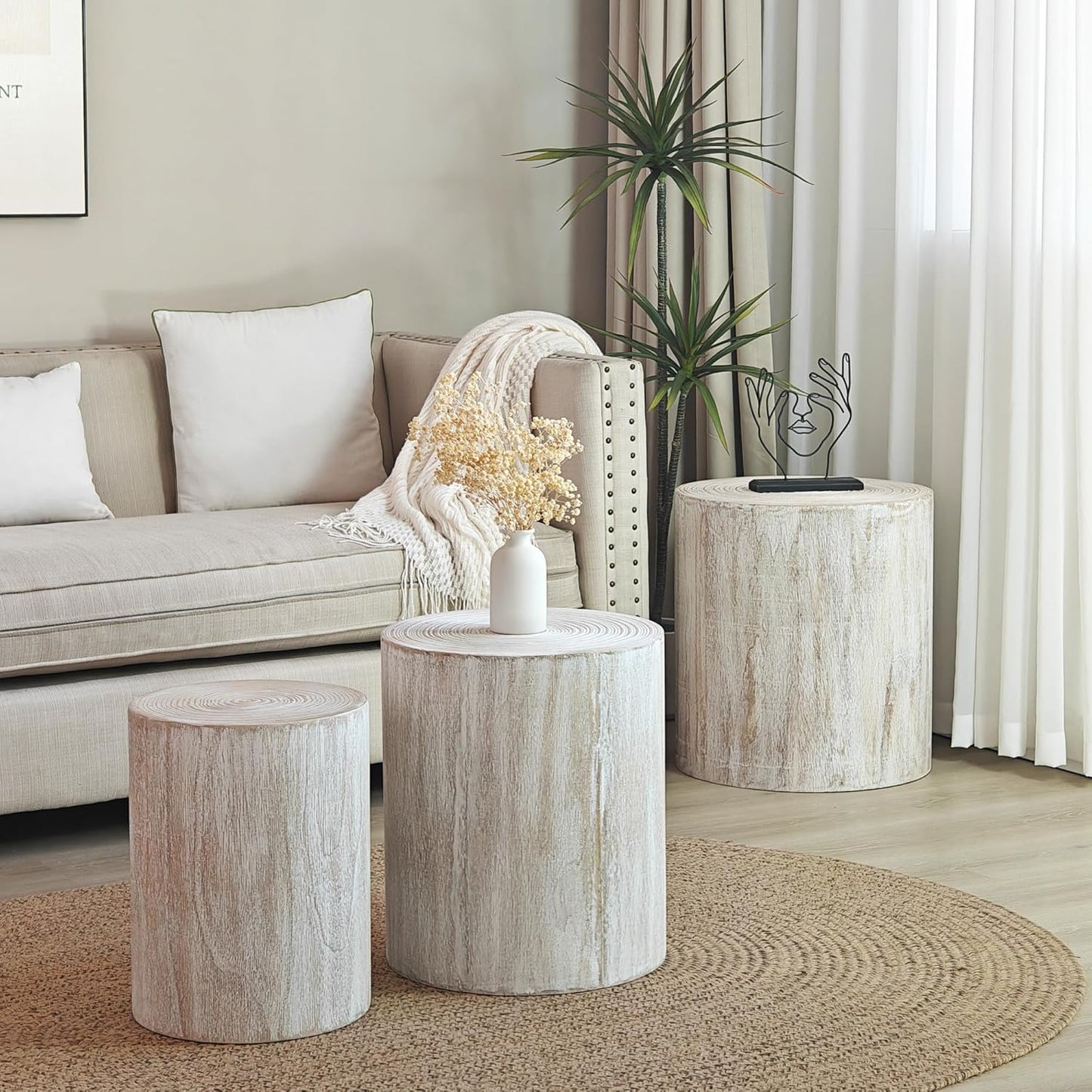 Round Nesting Coffee Table Set of 3, Small Pedestal Stand, Modern Circle Coffee Tables, Wooden Accent Side Table End Footstools for Living Room Office Bedroom, Farmhouse, Whitewashed