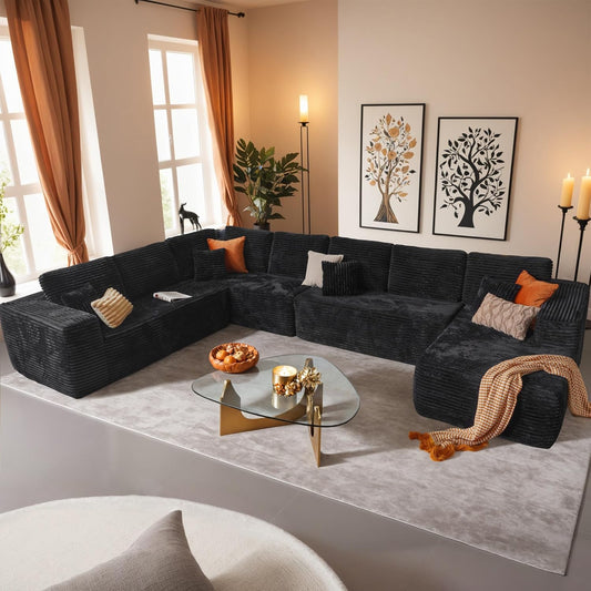 HOOOWOOO Cloud Sectional Couches for Living Room,Modular Sectional Sofa No Assembly,165X110 Inch Plush Corduroy Large U Shaped Floor Couch Set with Deep Seat Chaise Lounge(Black)