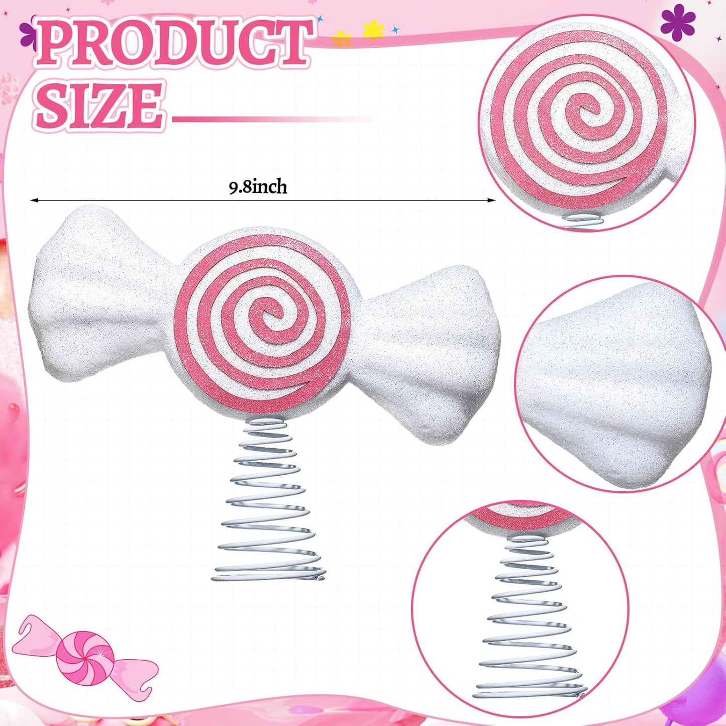 Retisee 9.8 in Large Pastel Candy Christmas Tree Topper Pink Candy Swirl Treetop Pink Pastel Candycane Christmas Ornaments for Xmas New Year Birthday Party Tree Decorations
