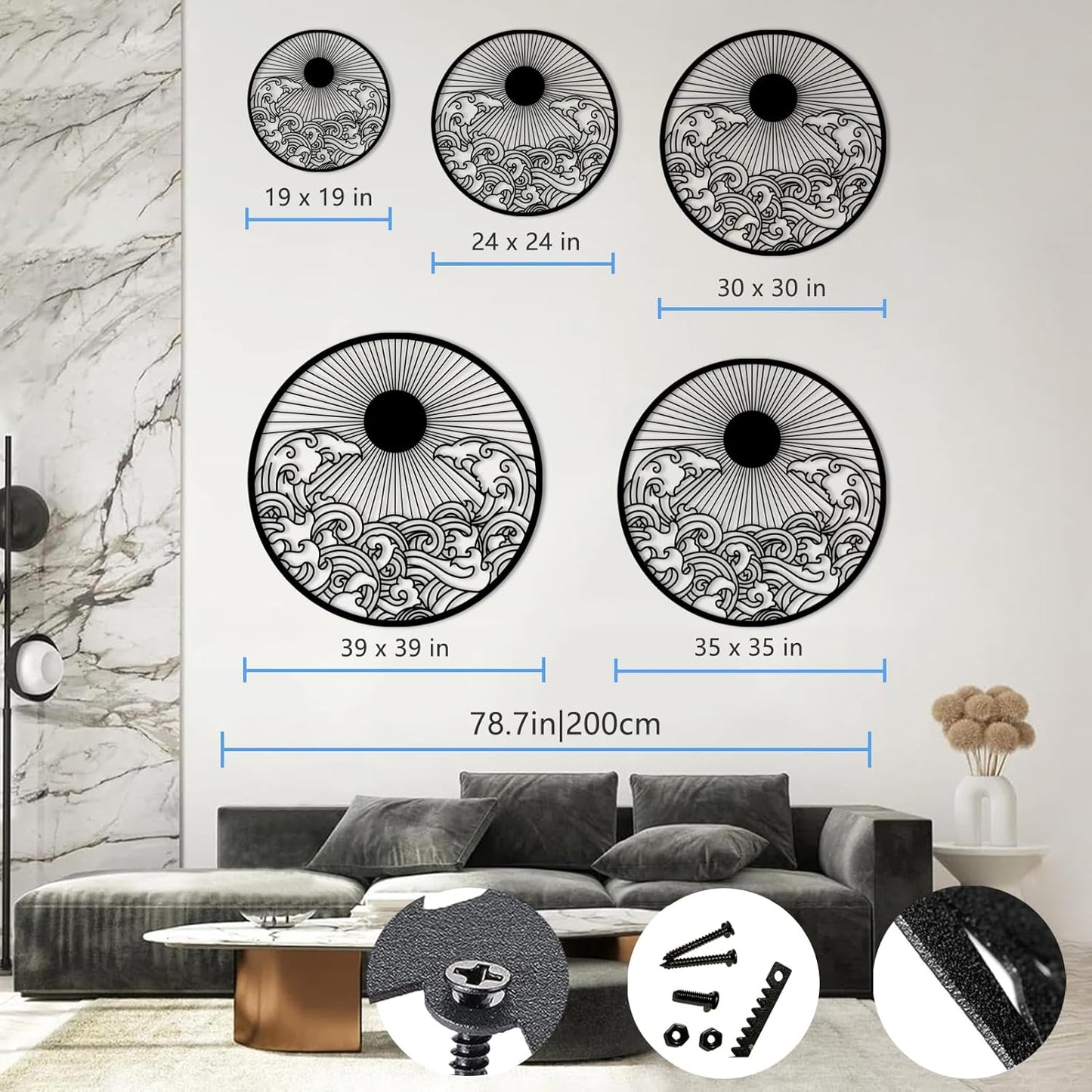 flyoak Metal Sun Wall Decor Outdoor, Sunrise Metal Wall Art, Metal Wave Wall Art, Sunrise and Wave Wall Decor, Sunburst Wall Art, Sunset Wall Art, Wall Hangings for Bedroom (Black, 30x30in|76x76cm)