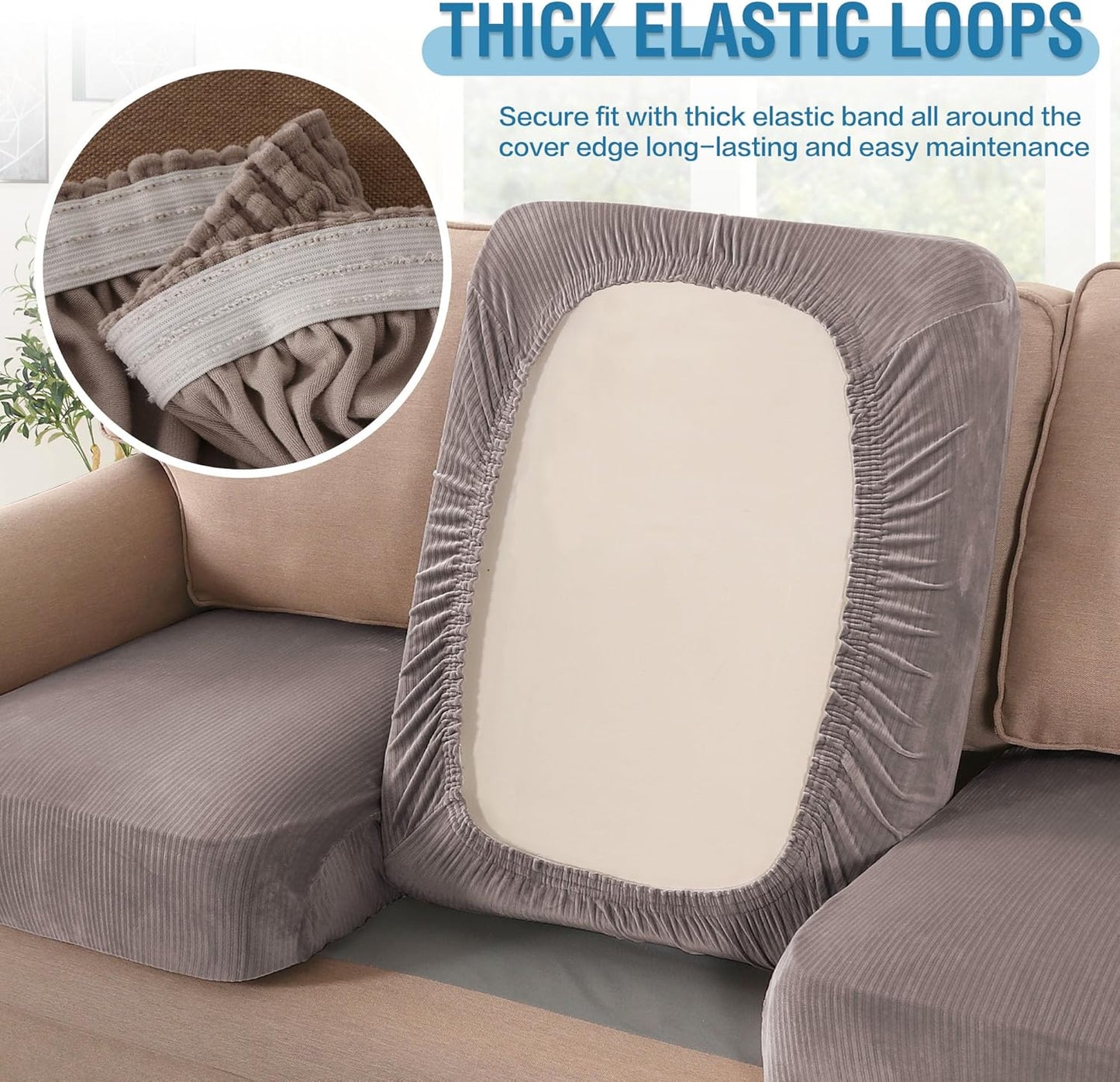 H.VERSAILTEX Velvet Stretch Couch Cushion Cover Plush Cushion Slipcover for Chair Loveseat Sofa Cushion Furniture Protector Seat Cushion Sofa Cover (3 Piece XL Sofa Cushion Covers, Taupe Striped)