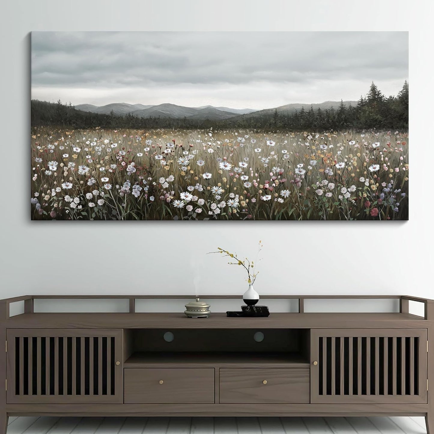 HGUAOA Vintage Landscape Wall Art for Bedroom and Living Room - Large Floral Artworks Farmhouse Wall Decor - Framed Neutral Nature Pictures - Above Bed Wall Decor with Mountain Scenery 29×58IN