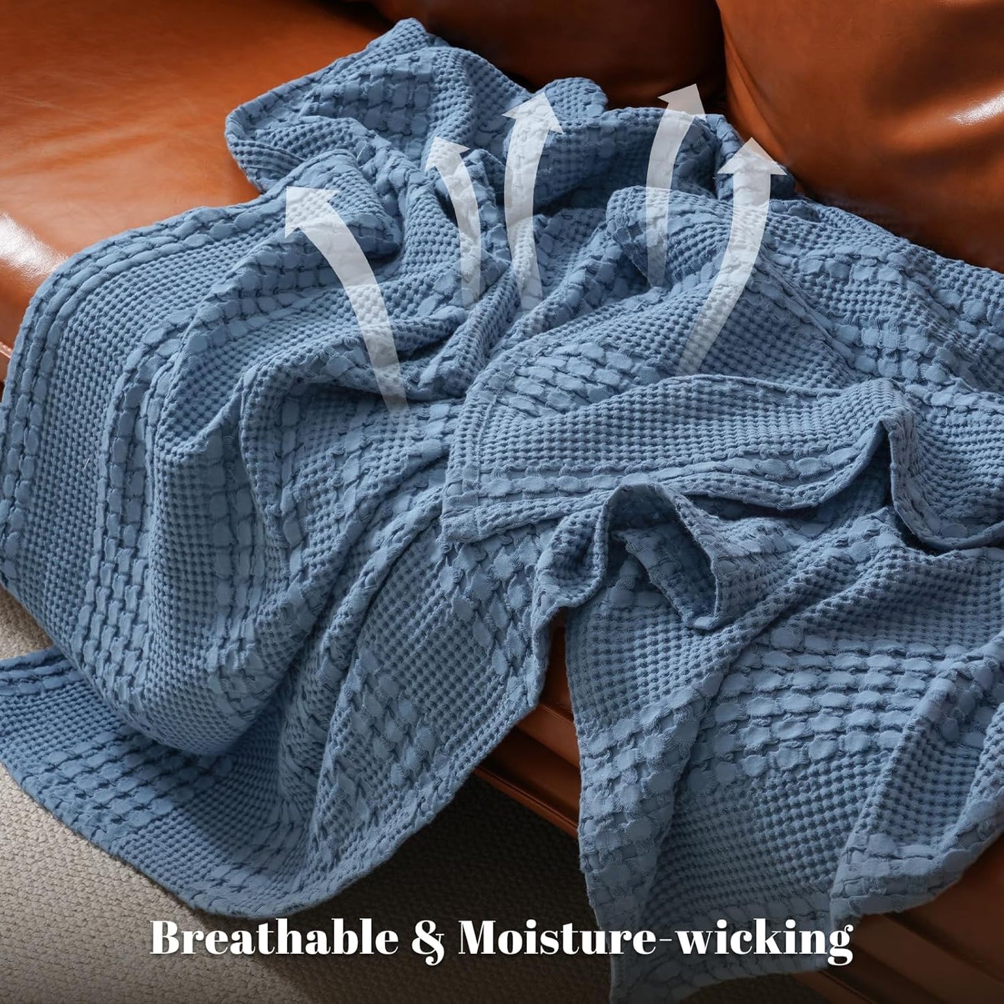PHF 100% Cotton Waffle Weave Throw Blanket, Soft Lightweight Breathable Cozy Summer Throws for Couch Bed Sofa, Luxury Aesthetic Woven Blanket for Home Decor & Office, 50"x60", Captain's Blue