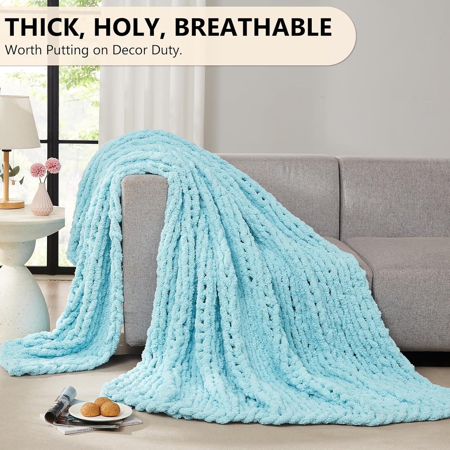 L'AGRATY Chenille Chunky Knit Blanket, Light Blue, 60x80, Heavyweight Throw Blanket for Home Decor