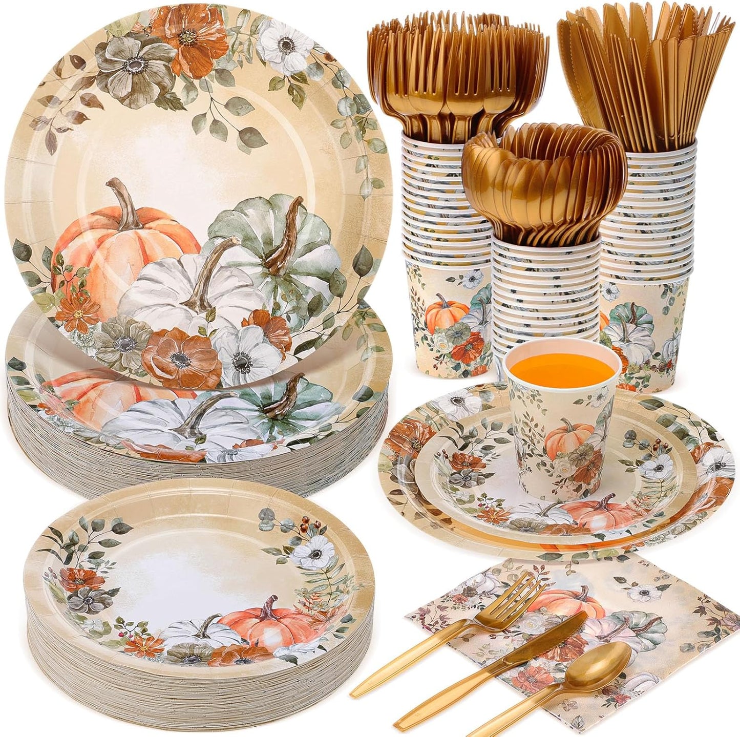 350 Pcs Thanksgiving Fall Party Supplies Dinnerware Set Disposable Plates Napkins Paper Cups Plastic Cutlery for Autumn Thanksgiving Harvest Party Decor Serves 50 (Pumpkin Floral)