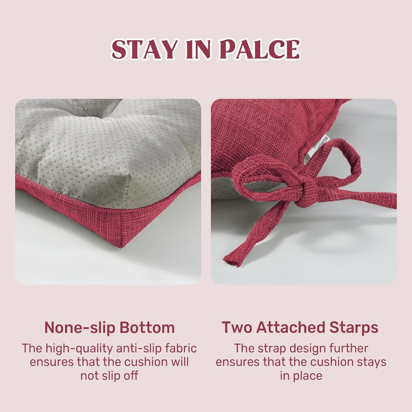 puredown® Chair Cushions for Dining Chairs, Tufted Memory Foam Chair Pads with Non-Slip Backing, Kitchen Seat Cushions with Ties, Washable Pads Set of 4, 15.5" x 15.5" x 4", Wine