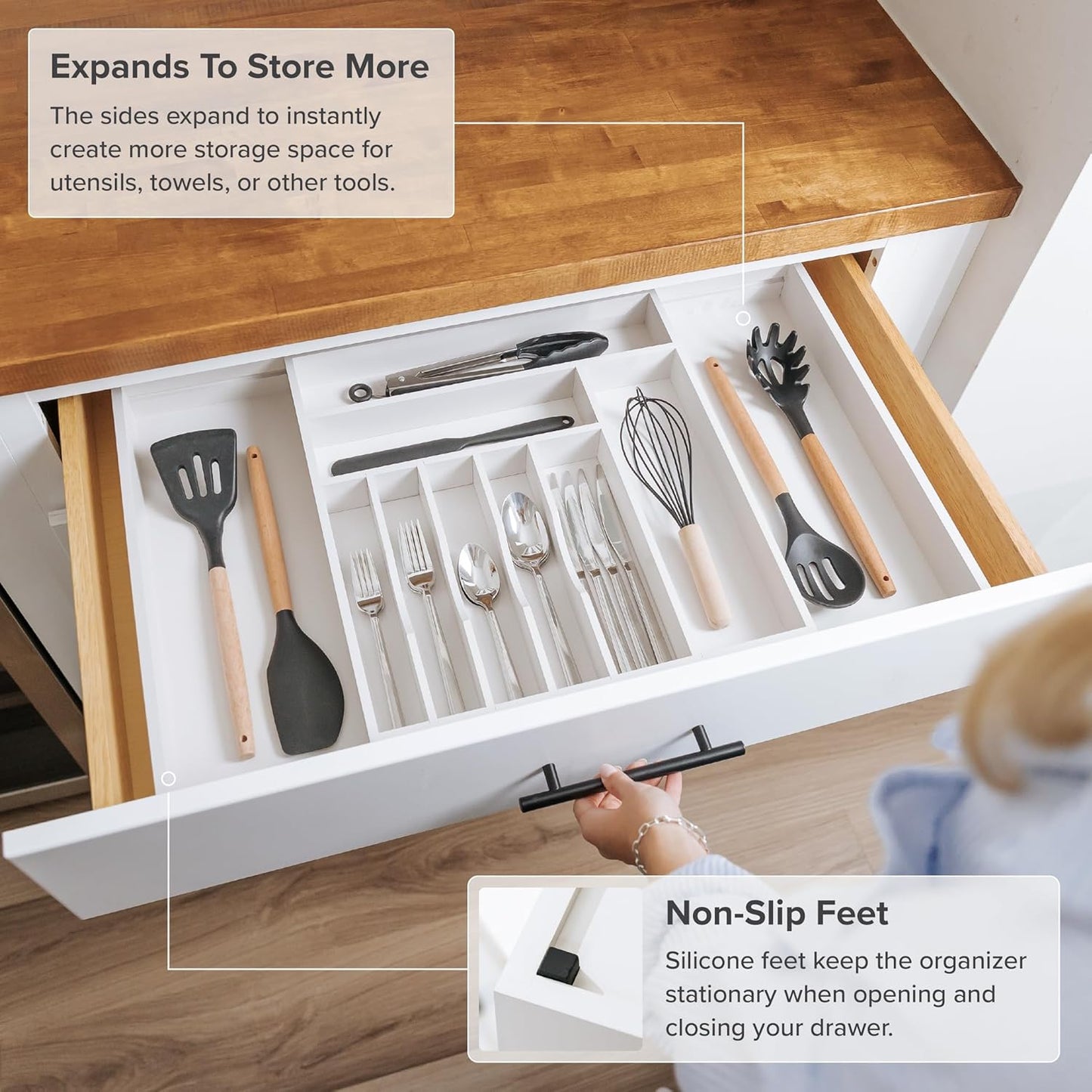 Premium Silverware, Flatware and Utensil Organizer for Kitchen Drawers, Food-Safe Contract Grade, Expandable from 16 to 28 In, White Bamboo