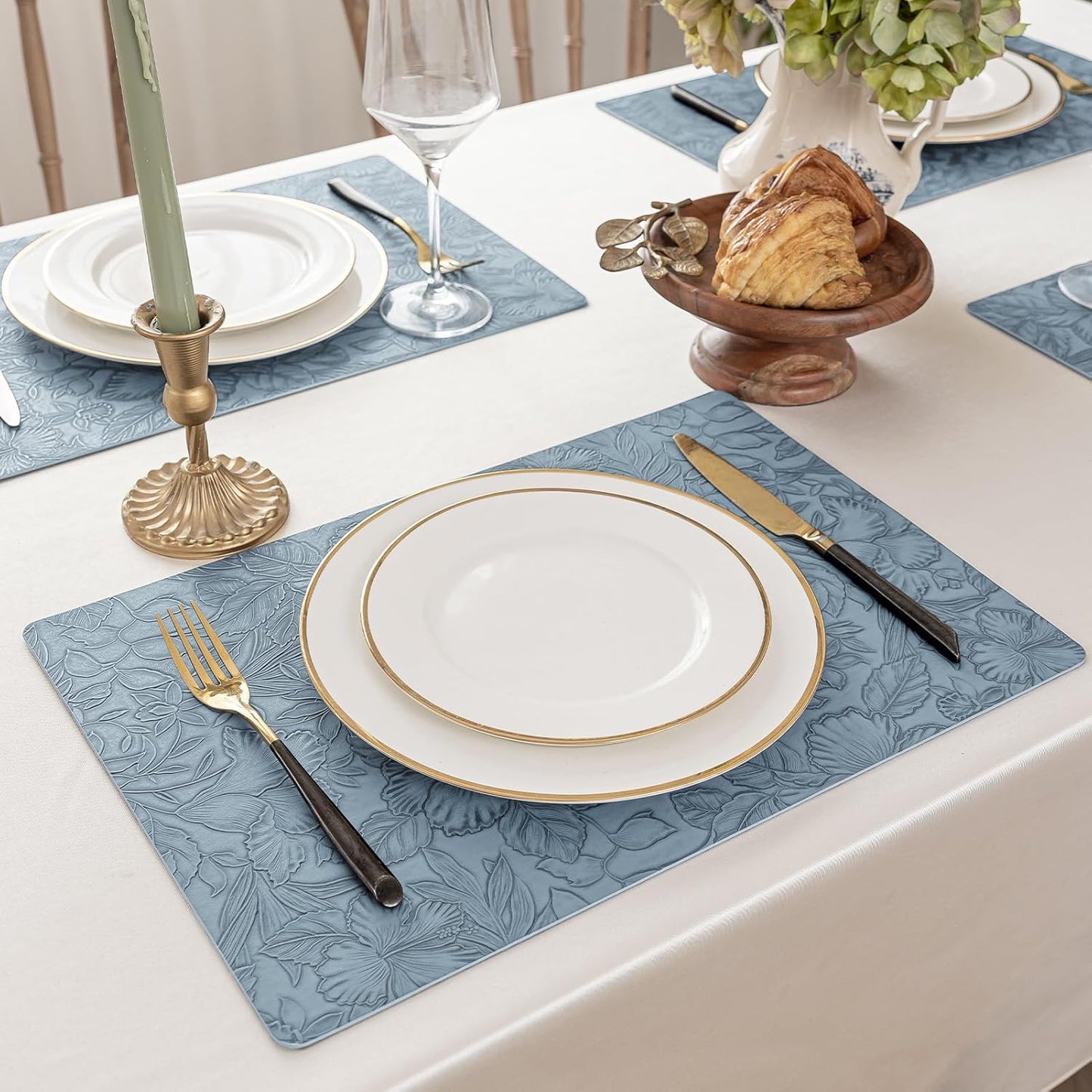 Romanstile Vinyl Placemats Set of 6-12 X 18 Inch - Heat Resistant Non-Slip Embossed Floral Place Mats 100% Waterproof Oilproof Wipeable Faux Leather Table Mats for Kitchen/Dining/Party, SkyBlue