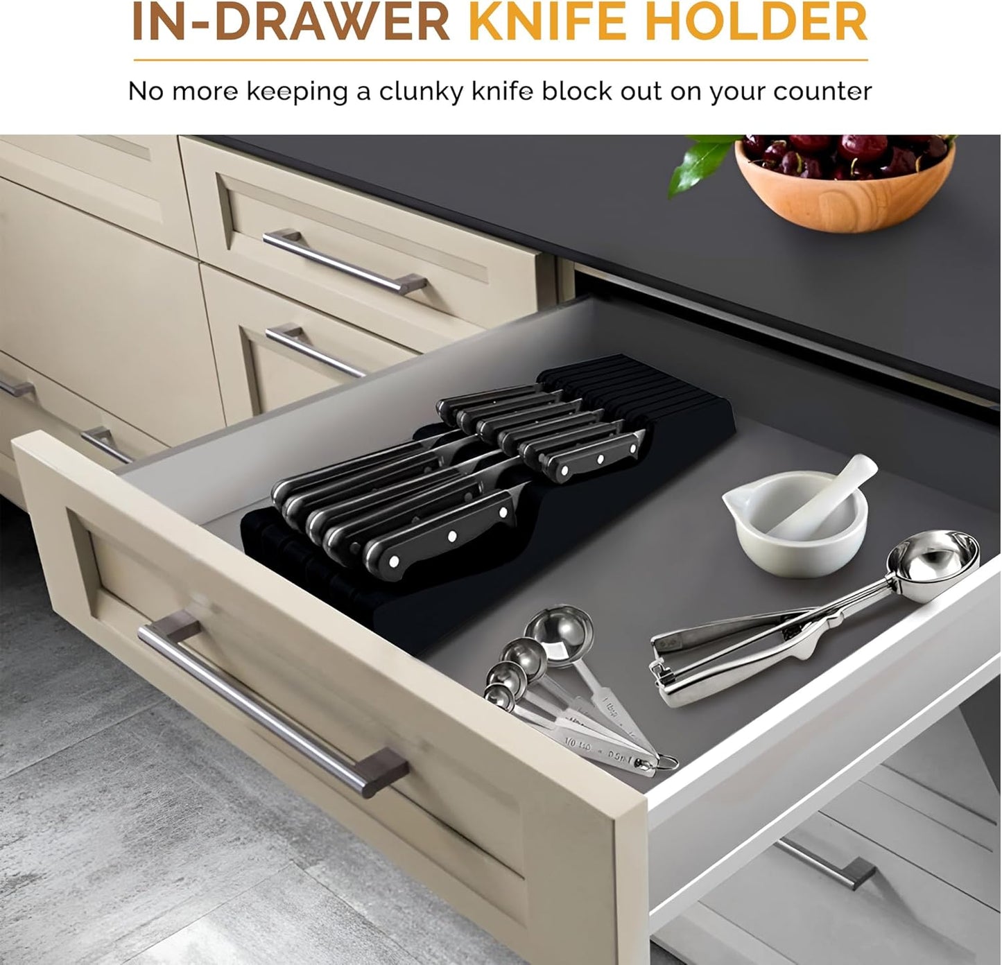 In-Drawer Knife Block - Bamboo Knife Drawer Organizer for Kitchen - Fits 5 Long + 6 Short Knives | Store Knives with Blades Pointing Down - Wooden Steak knife Holder without Knives (Black)