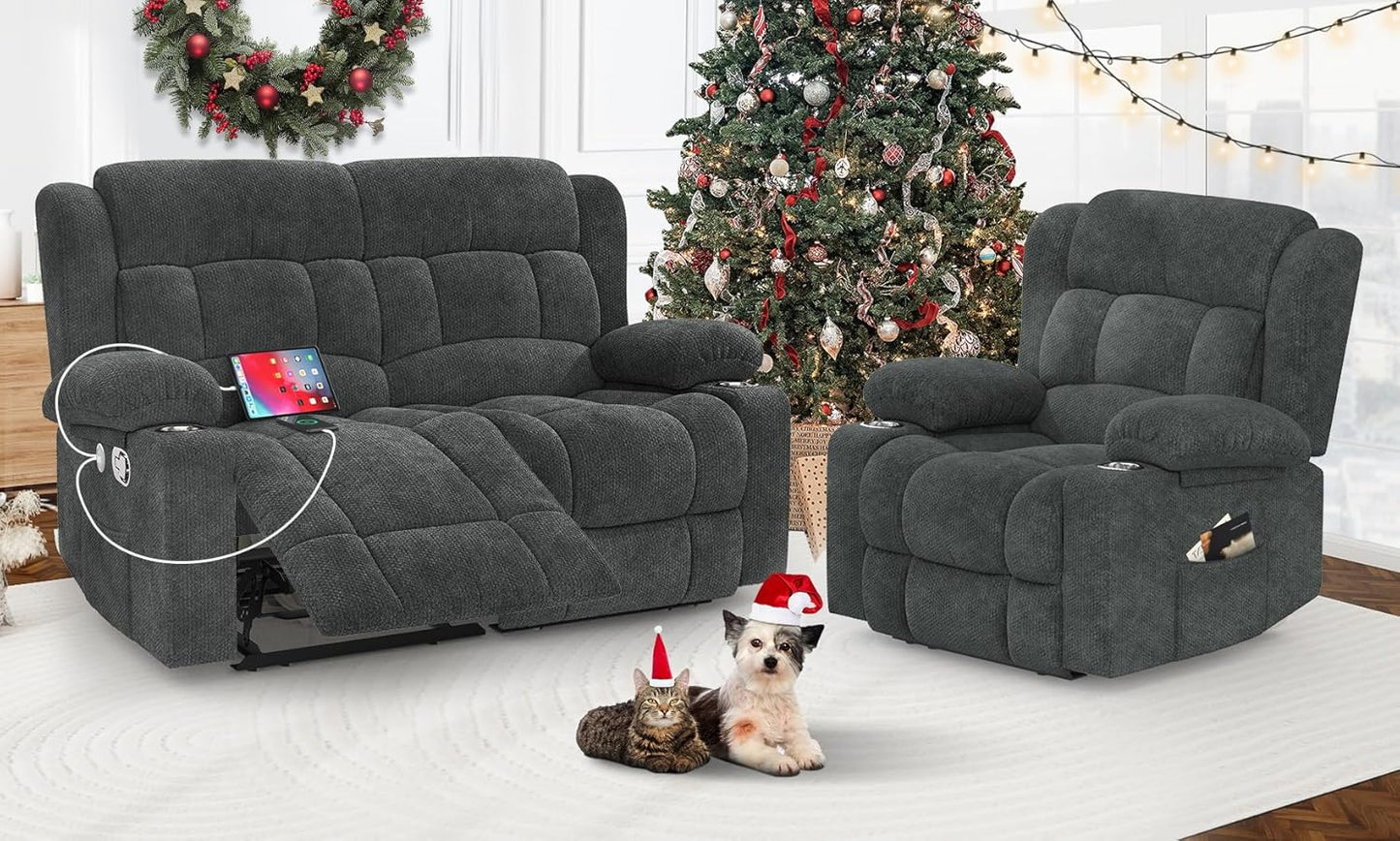 Loveseat Recliner Sofa Set with 2+1 Pieces, 2 Seater Minimalist Style Fabric Manual Pull Tab Reclining Loveseat with USB Charge Ports, Cup Holders, Recliner Couches for Living Room, RV, Gray
