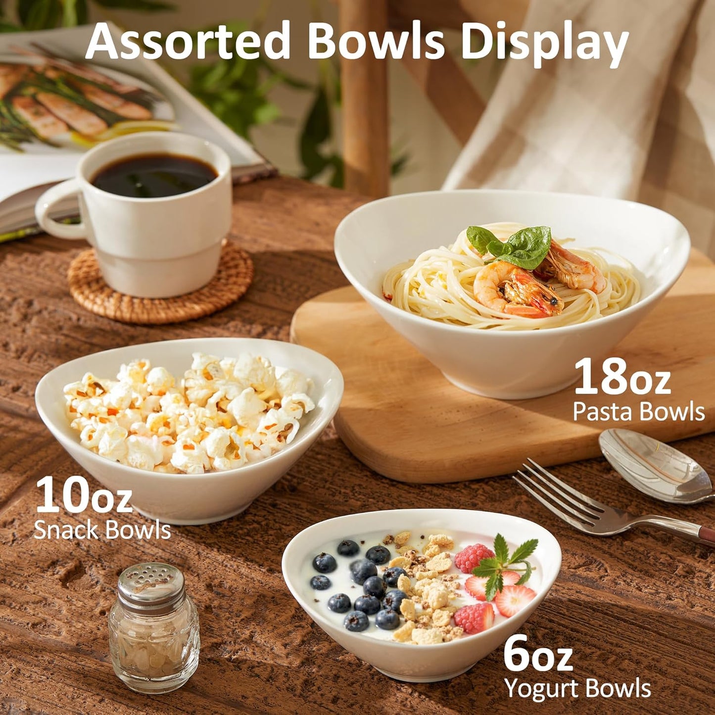 Teocera 7 Inch Salad Bowls Set of 6, 18 oz Large Soup Bowls– Microwave & Dishwasher Safe, for Pasta, Snacks, White