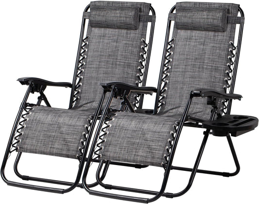 Nazhura Set of 2 Relaxing Recliners Patio Chairs Adjustable Steel Mesh Zero Gravity Lounge Chair Beach Chairs with Pillow and Cup Holder(Grey)