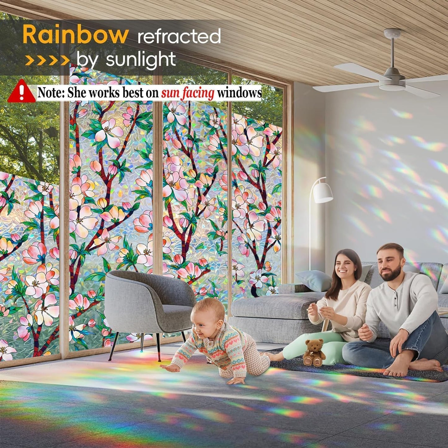 Rainbow Window Privacy Film Decorative, 3D Decals Stained Glass Clings, Static Cling Sticker, Suncatcher Windows Cover Tint for Home, 47.2 Inch x 78.74 Inch