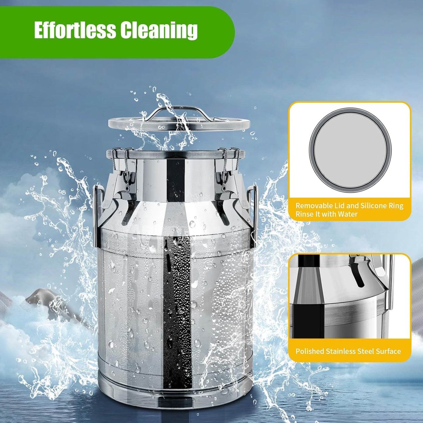 Stainless Steel Milk Can, 30L/7.9 Gallon Heavy Duty Airtight Storage Canister Milk Bucket with Lid, Embedded Silicone Milk Jug Wine Pail Water Cereals Bucket with Three Latches and Two Handles