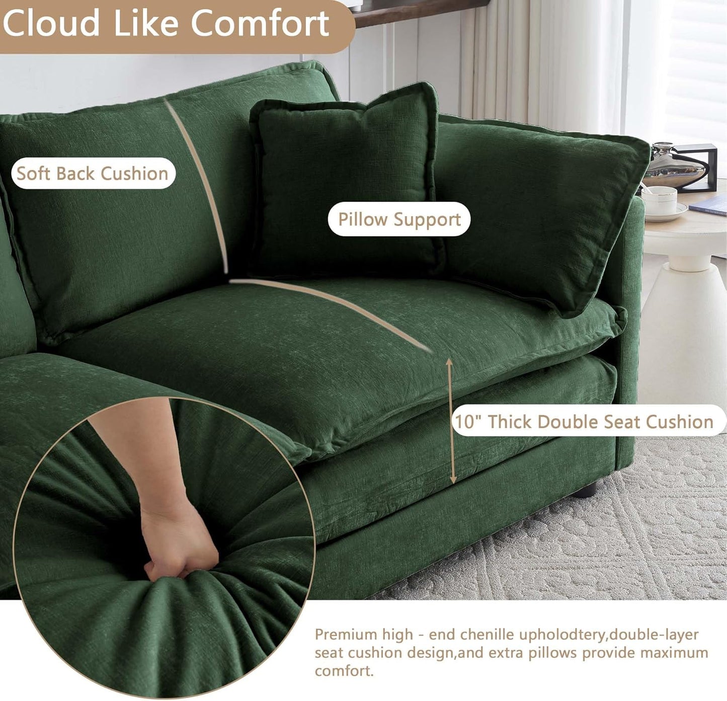 Sectional Sofa 3 Seater with Movable 2 Ottomans,Oversized Modular Couch Deep Seat (Green, 111.5 inch-U)