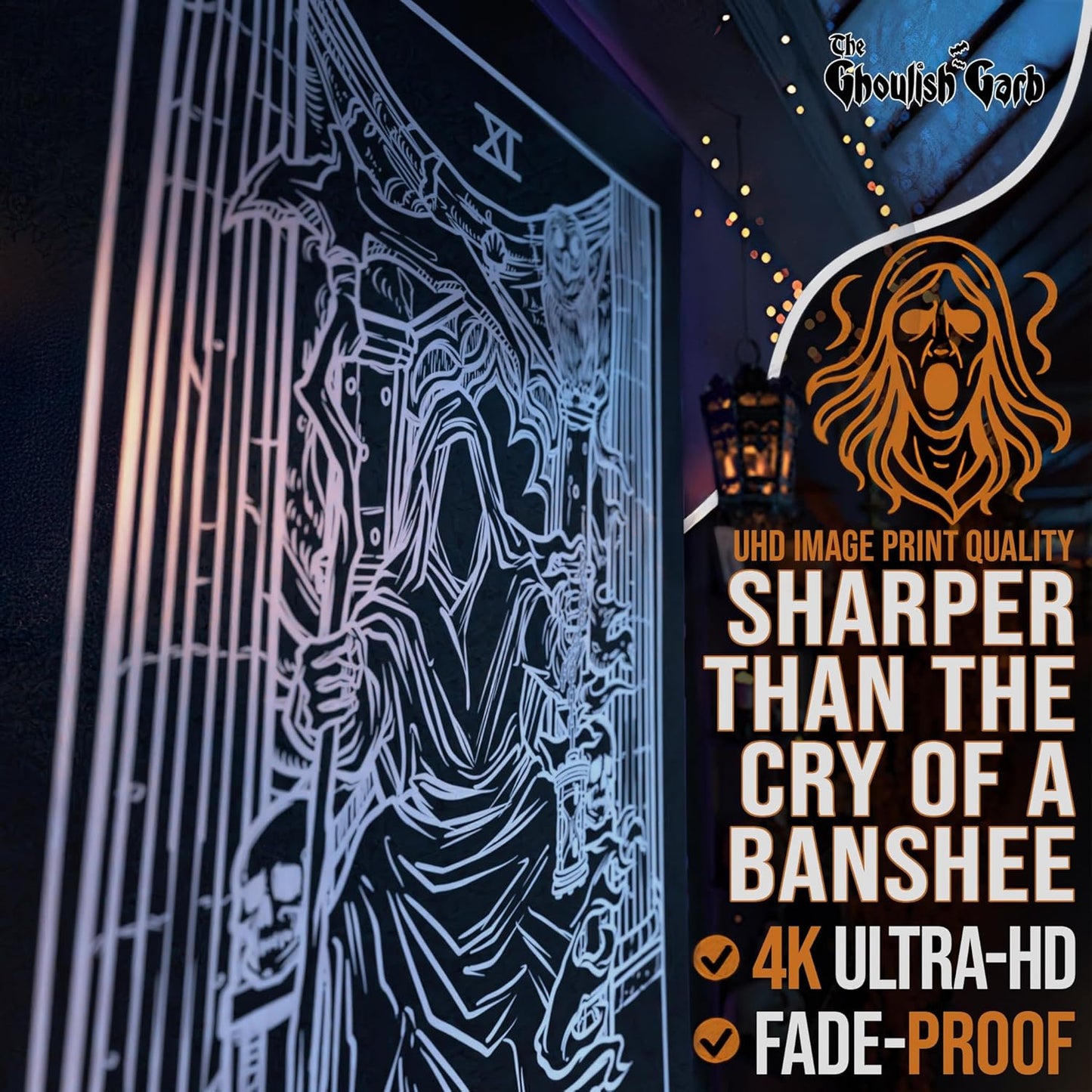 The Ghoulish Garb Justice Tarot Card Tapestry (Black & White) - Grim Reaper - Gothic Halloween Home Decor Wall Hanging (80" x 68")