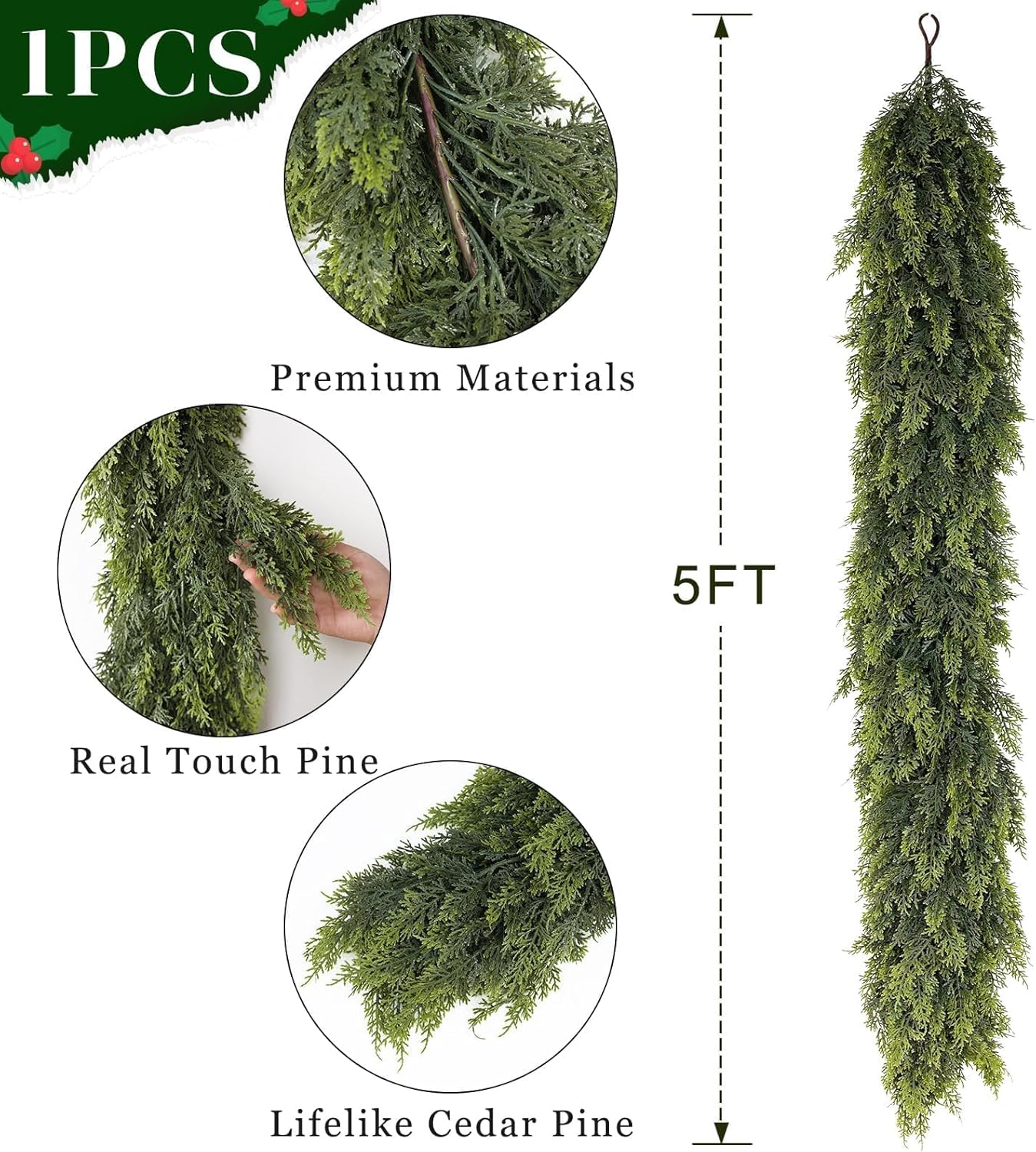 Real Touch Cedar Garland - Artificial Christmas Garlands Faux Green Cedar Fake Pine Needles Garland for Fireplace,Table, Stairs, Mantle, Window,Indoor Outdoor,Home,Holiday Decor(2 PCS,6 FT)