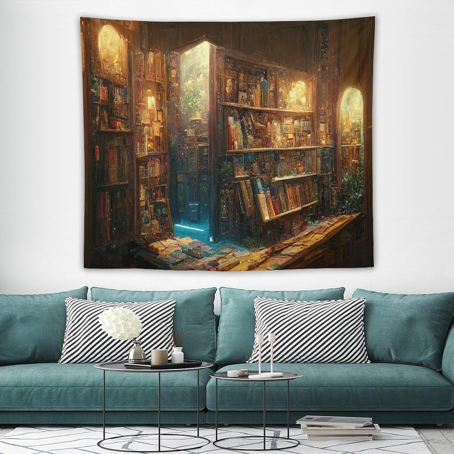Kurtect Bookshelf Tapestry,Vintage Style Library Watercolor Art Theme Pattern Print Tapestries for Party Beach Picnic Blankets Tablecloths Living Room Wall Deocr, 50x60 in