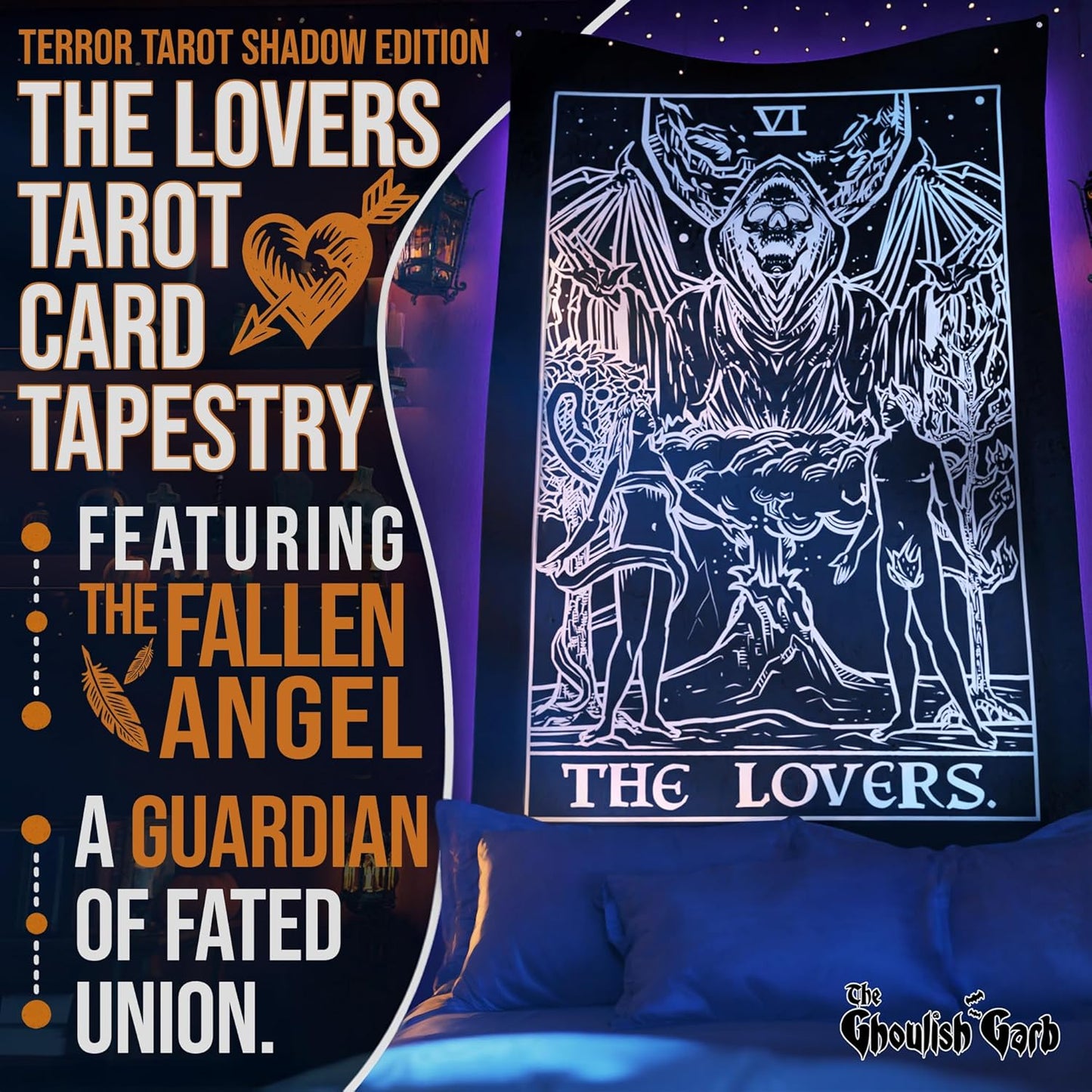 The Lovers Tarot Card Tapestry (Black & White) - Grim Reaper - Gothic Couple Halloween Home Decor Wall Hanging (59" x 51")