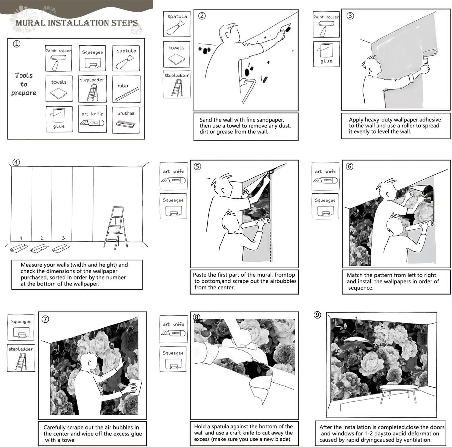 AFZEVEB-Dark Peony Wallpaper Watercolor Rose Wall murals for Bedroom 114"x74" (Not Peel and Stick)