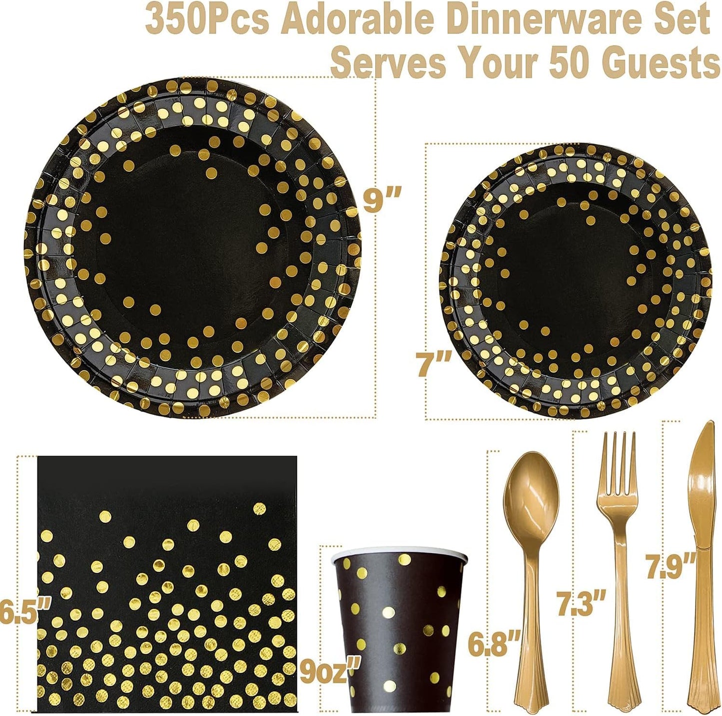 AIRE 350PCS Black and Gold Paper Plates Party Supplies for 50 Guests Party Decorations Disposable Dinnerware Golden Dot Paper Plates Napkins Cups Gold Plastic Forks Knives Spoons for Birthday Wedding