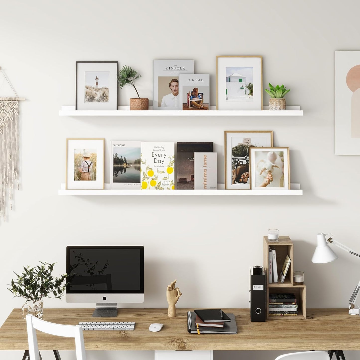 Picture Ledge Shelf for Wall, 48 inch Solid Pine Wood Nursery Book Shelves 2 Packs, Floating Ledge Shelves for Kids' Room Bedroom Bathroom Living Room Photo Frames Office Nursey Wall Decor, White