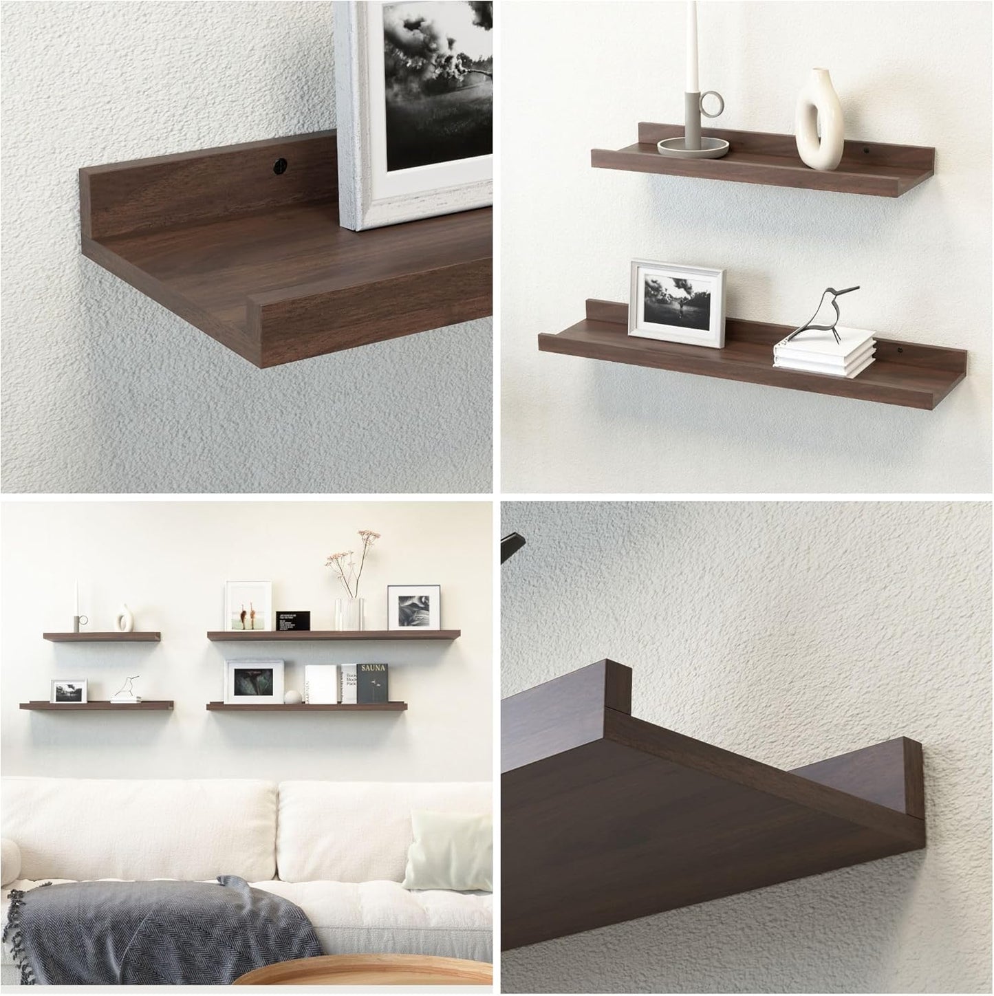 RICHER HOUSE 5 Set Floating Shelves for Wall Decor, Wall Mounted Book Shelf, Nursery Shelves Picture Ledge Shelf with Lip for Wall Storage, Bedroom, Living Room, Bathroom - Walnut